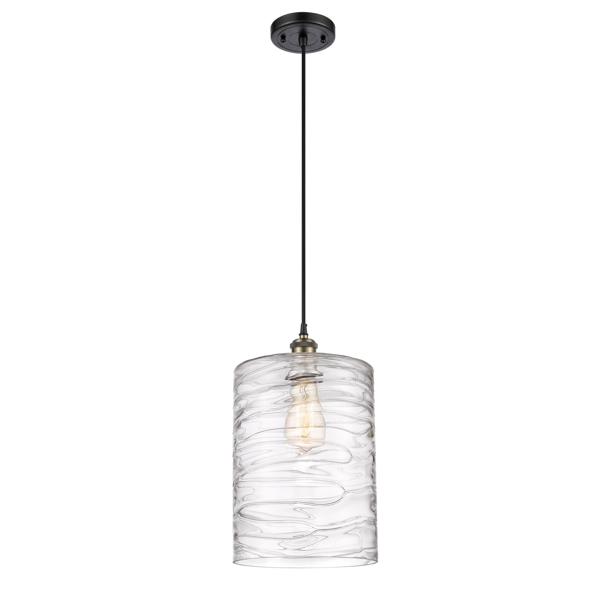 Shown in Black Antique Brass finish and Deco Swirl Large Cobbleskill glass