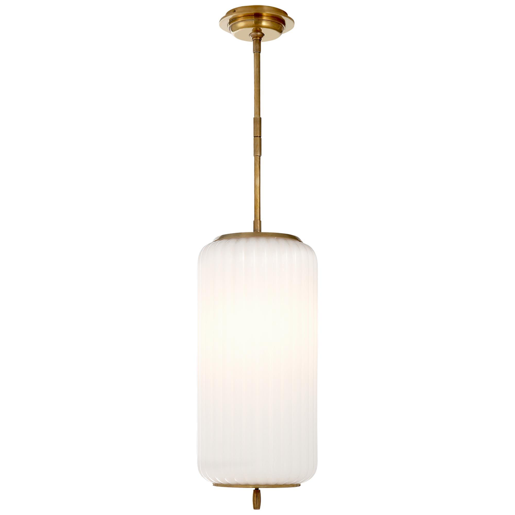 Shown in Hand-Rubbed Antique Brass finish and White glass