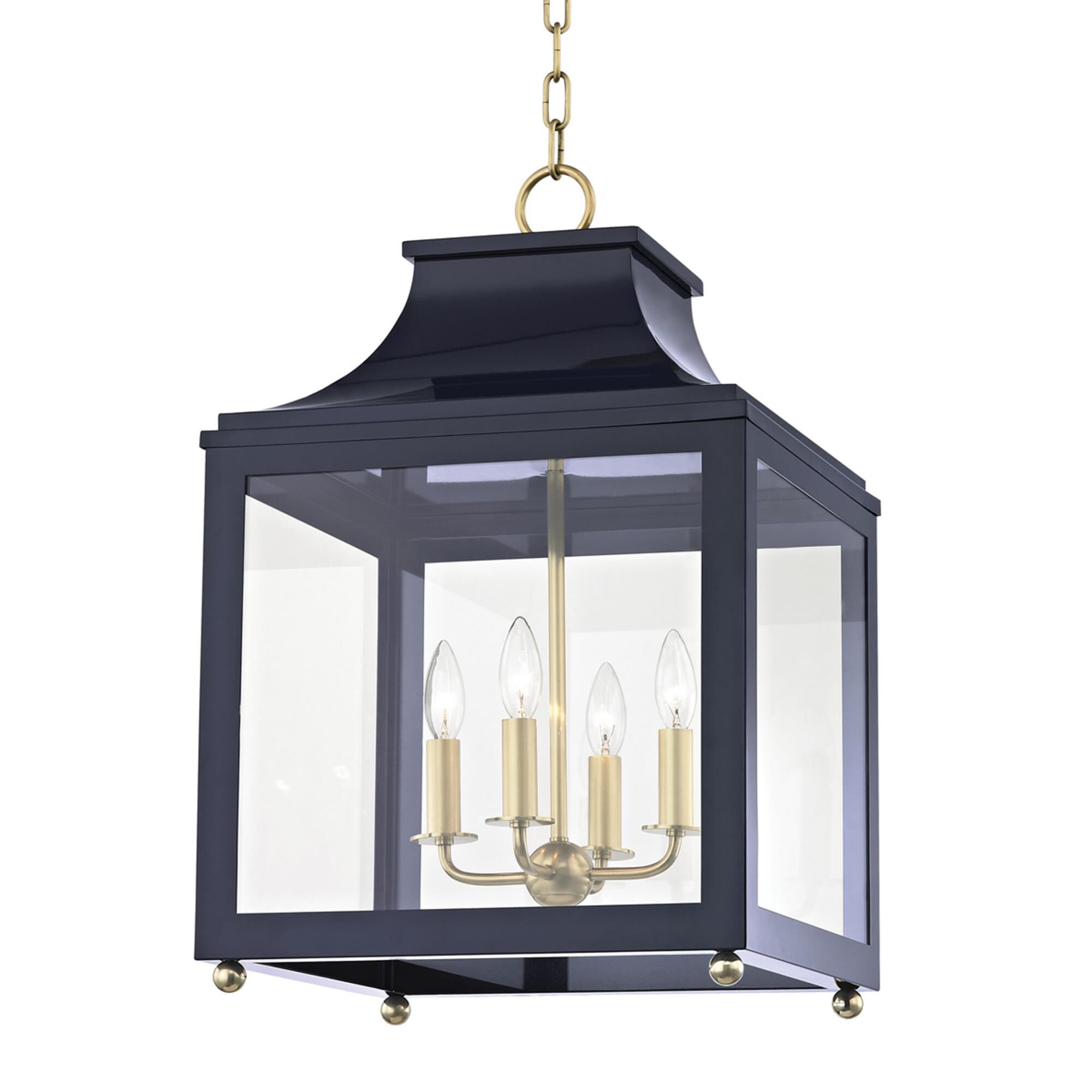 Shown in Aged Brass-Navy finish and Clear glass