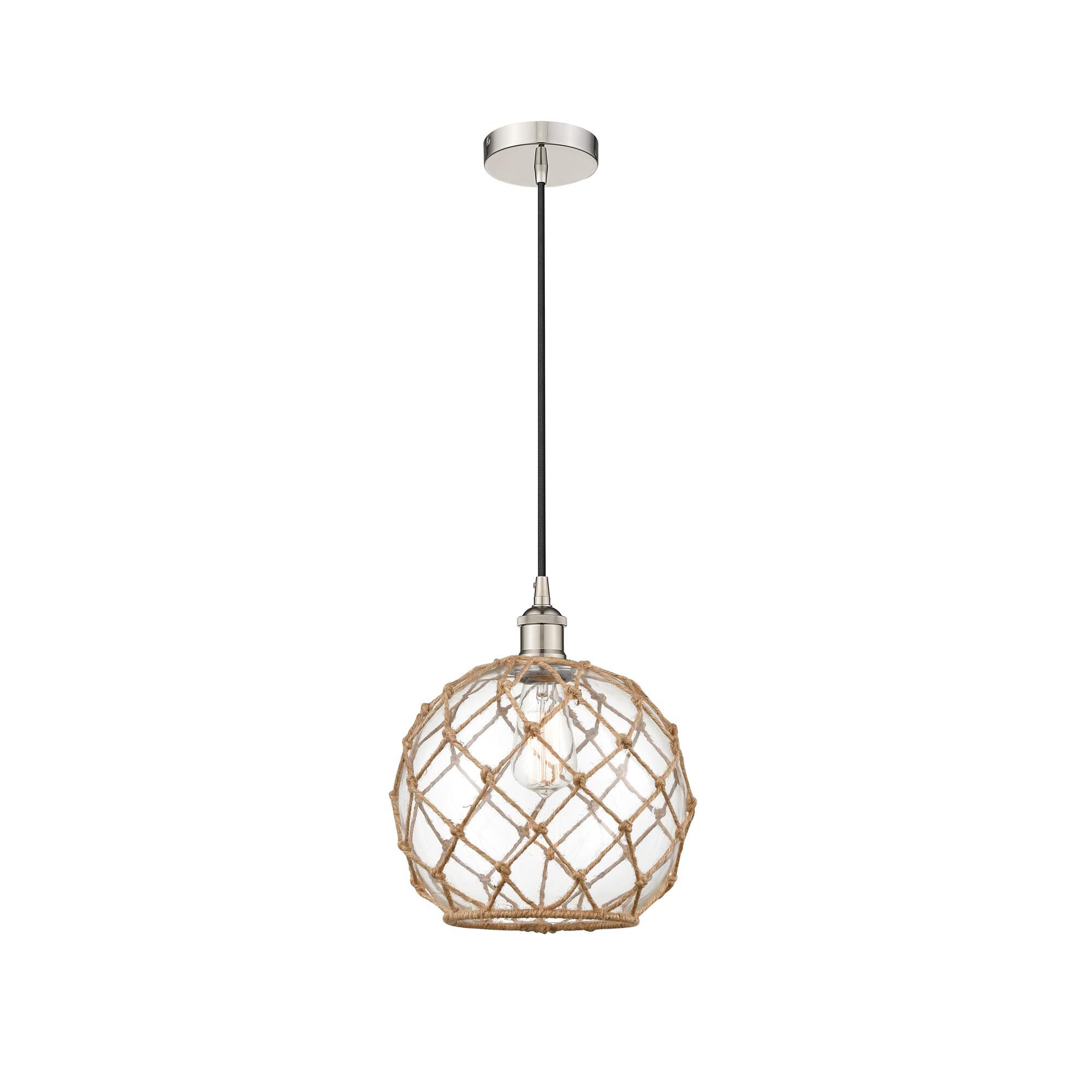 Shown in Polished Nickel finish and Clear Large Farmhouse With Brown Rope glass and No Shade shade