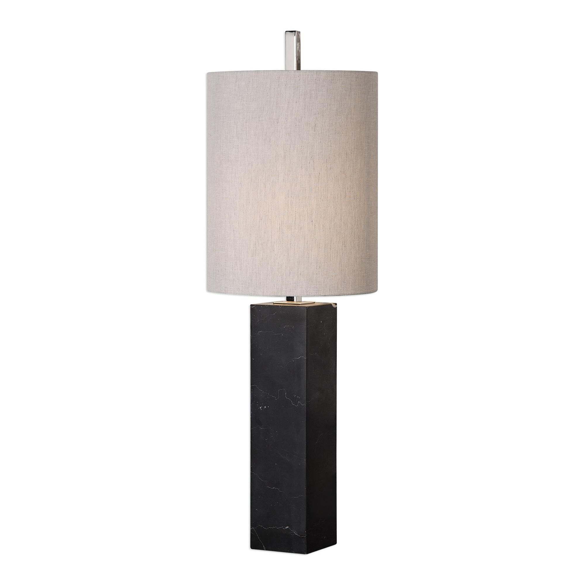 Shown in Chunky, Black Marble Column, With Subtle White Veining, Accented With Polished Nickel Plated Details finish and Tall, Round, Hardback Drum shade