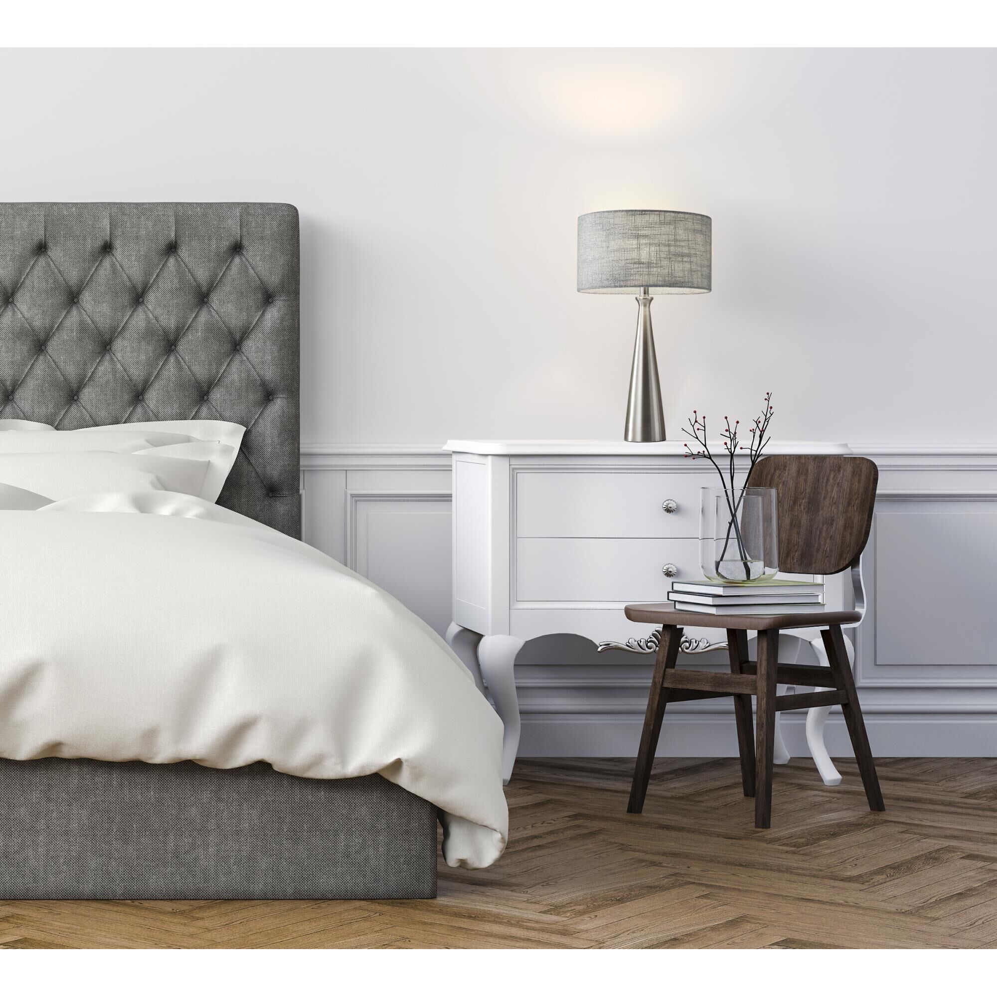 Shown in Brushed Steel finish and Light Grey Textured Fabric shade