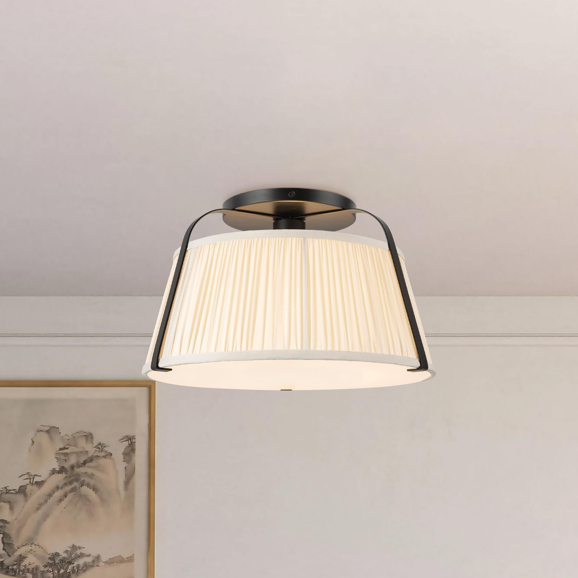 Shown in Matte Black finish and Frosted Polycarbonate Diffuser glass and White Linen shade