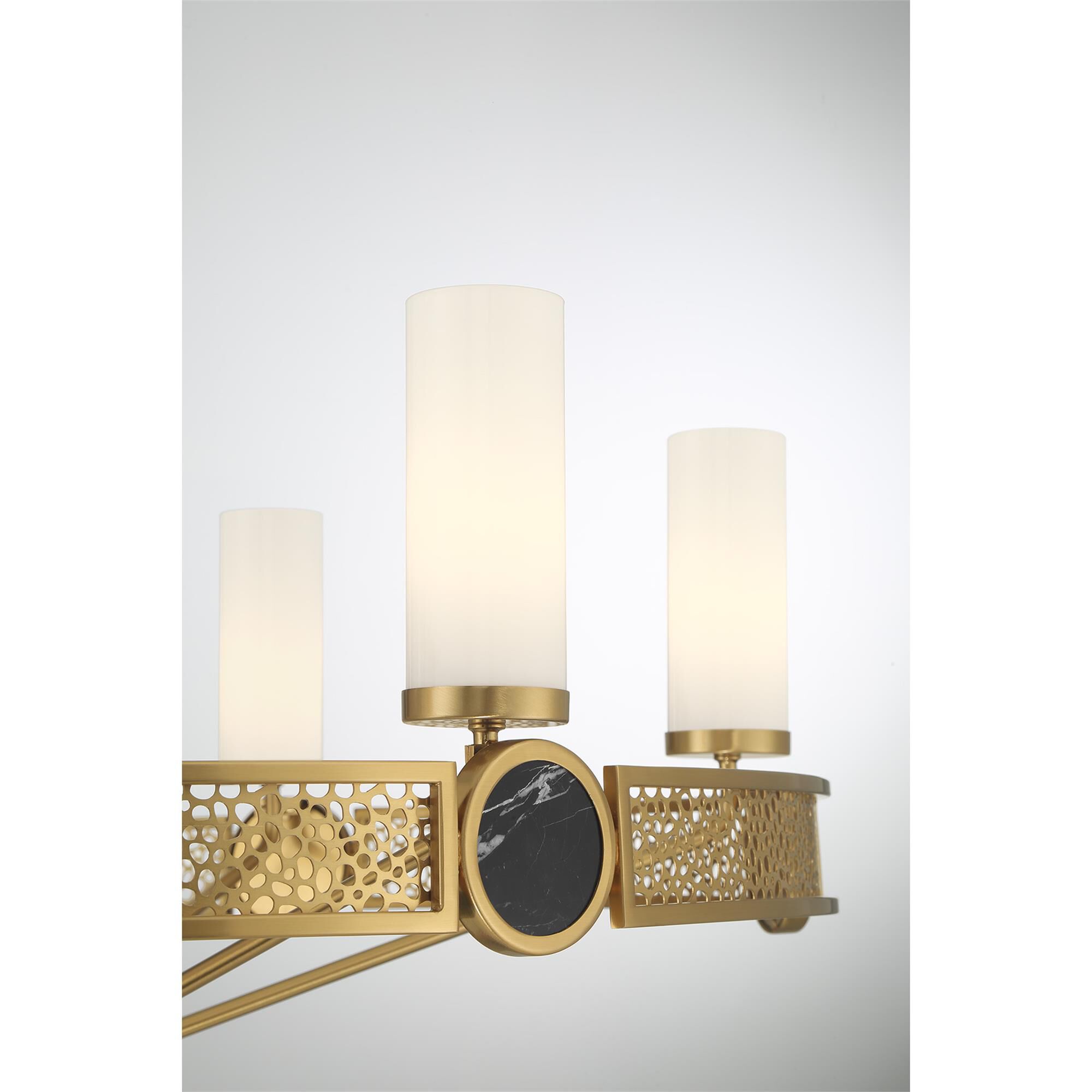 Shown in Warm Brass finish and White Opal glass and Black Marble accent