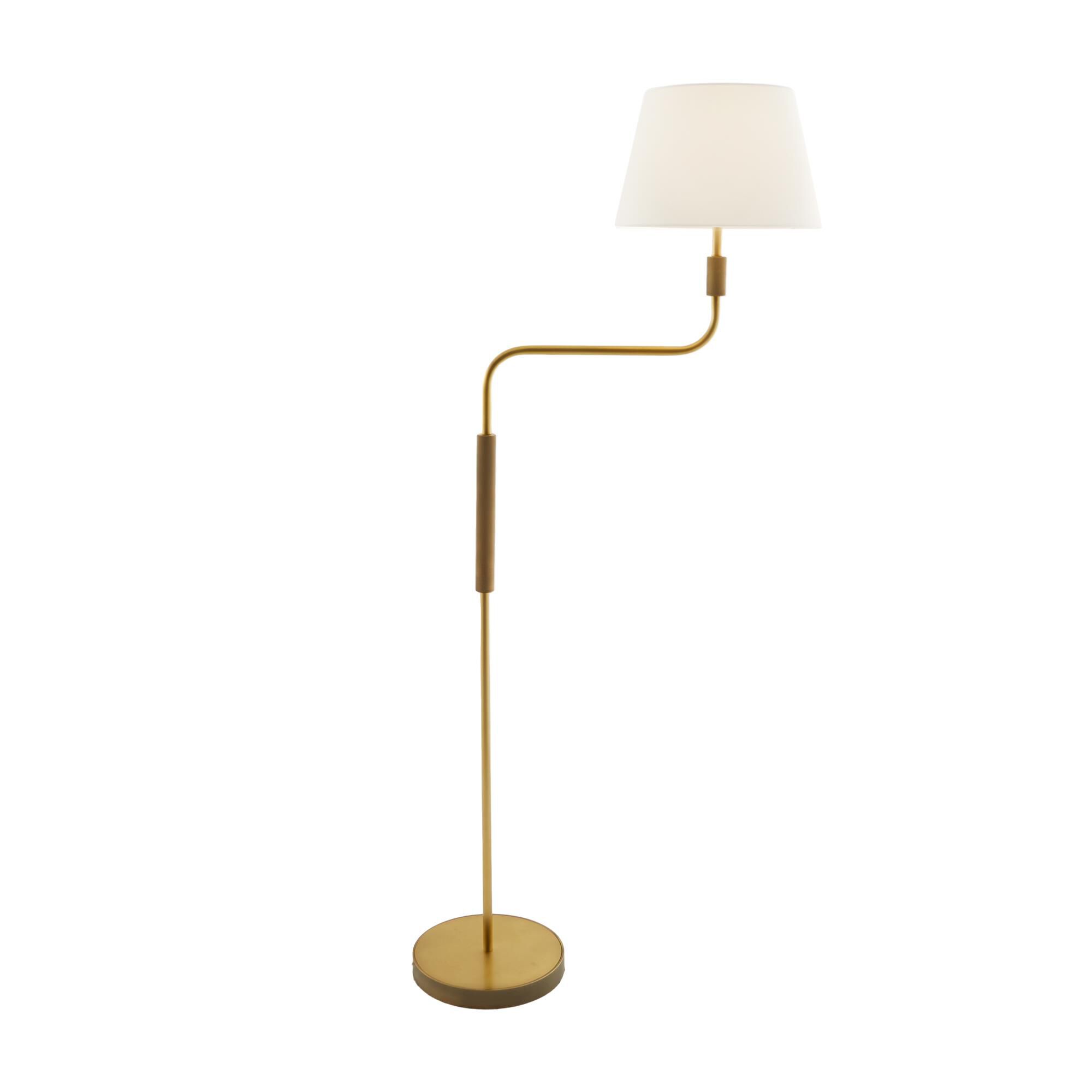 Shown in Antique Brass finish and Linen shade
