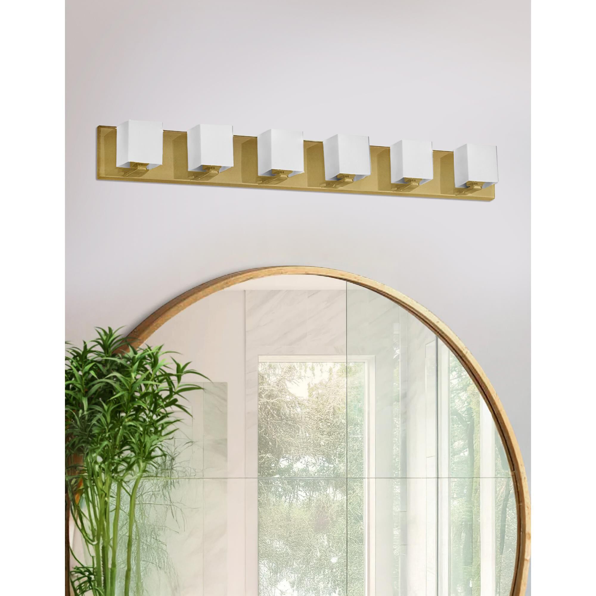 Shown in Aged Brass and White finish and White Square glass