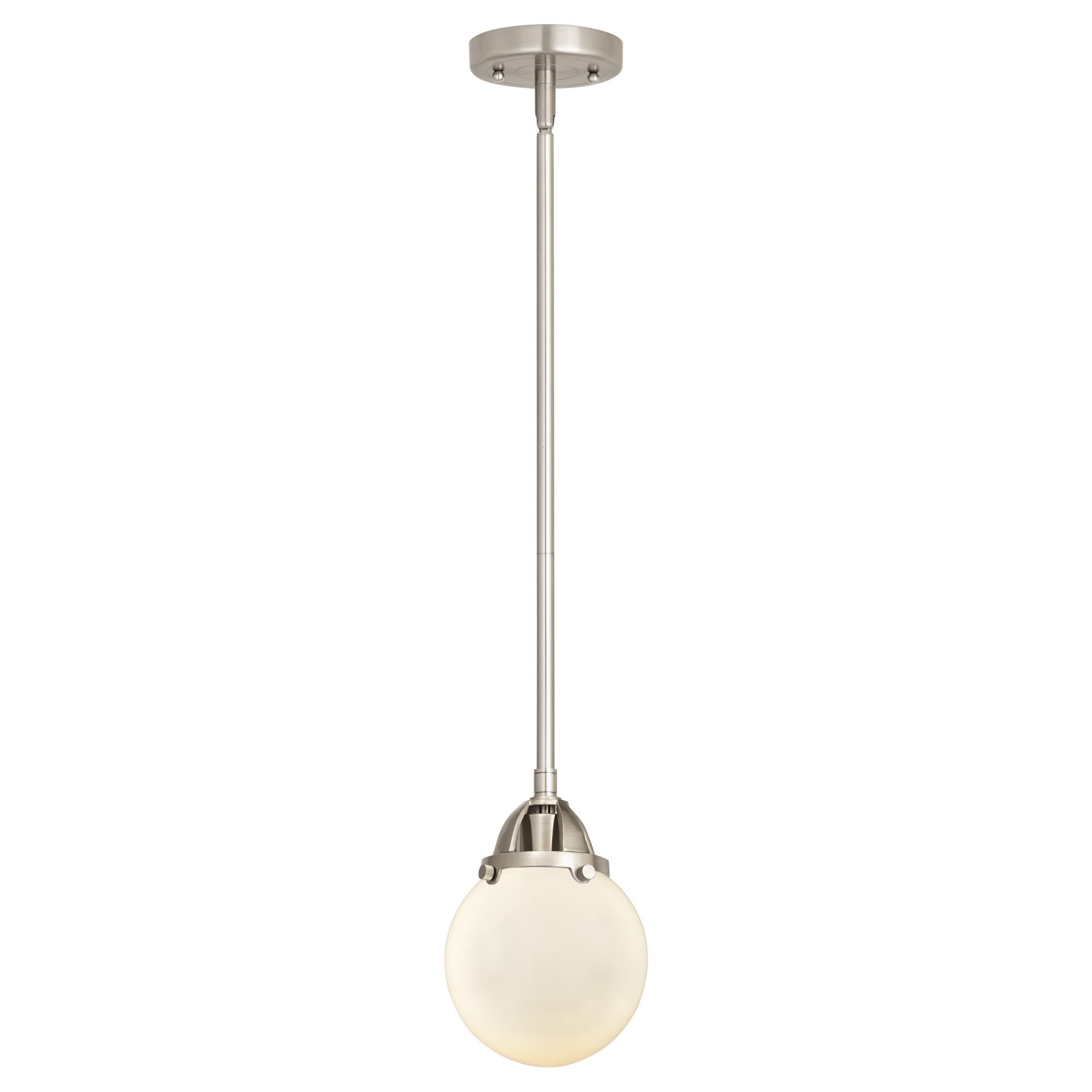 Shown in Brushed Satin Nickel finish and Matte White Globe glass and No Shade shade