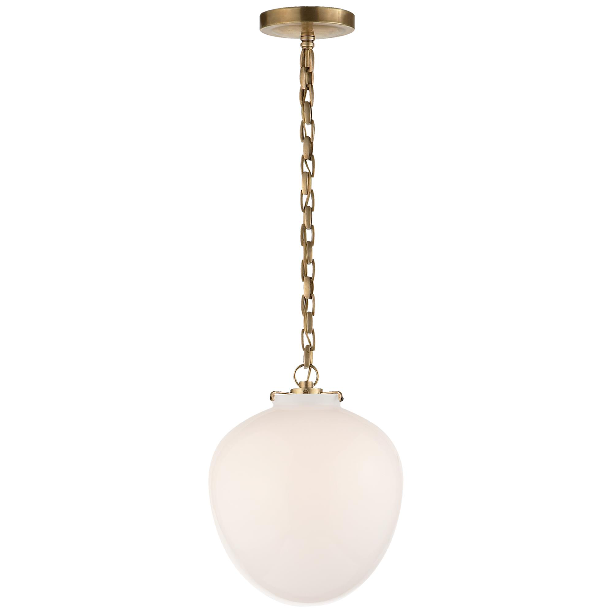 Shown in Hand-Rubbed Antique Brass finish and White glass