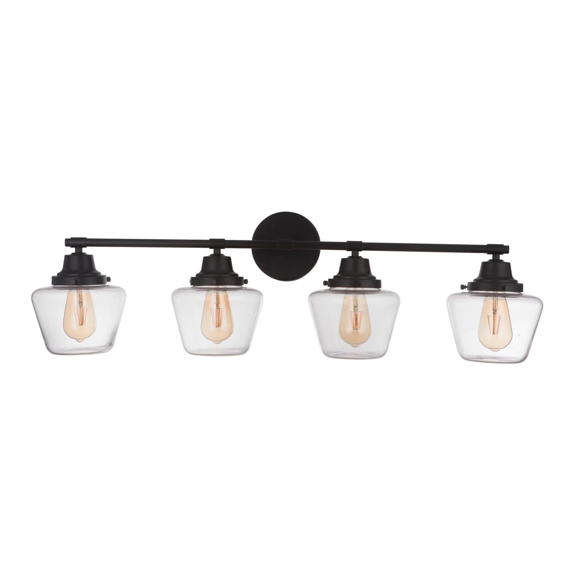 Shown in Flat Black finish and Clear glass and Glass shade