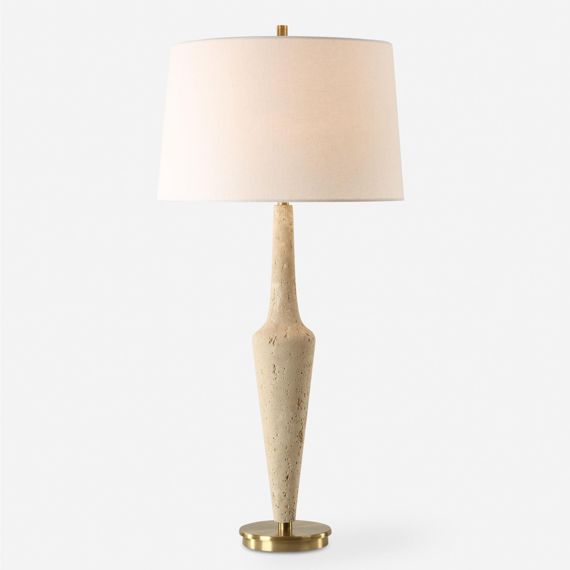 Shown in Crafted From Faux Travertine With Organic Texture, This Lamp Exudes Timeless Charm And Sophisticatio finish and Round Hardback shade