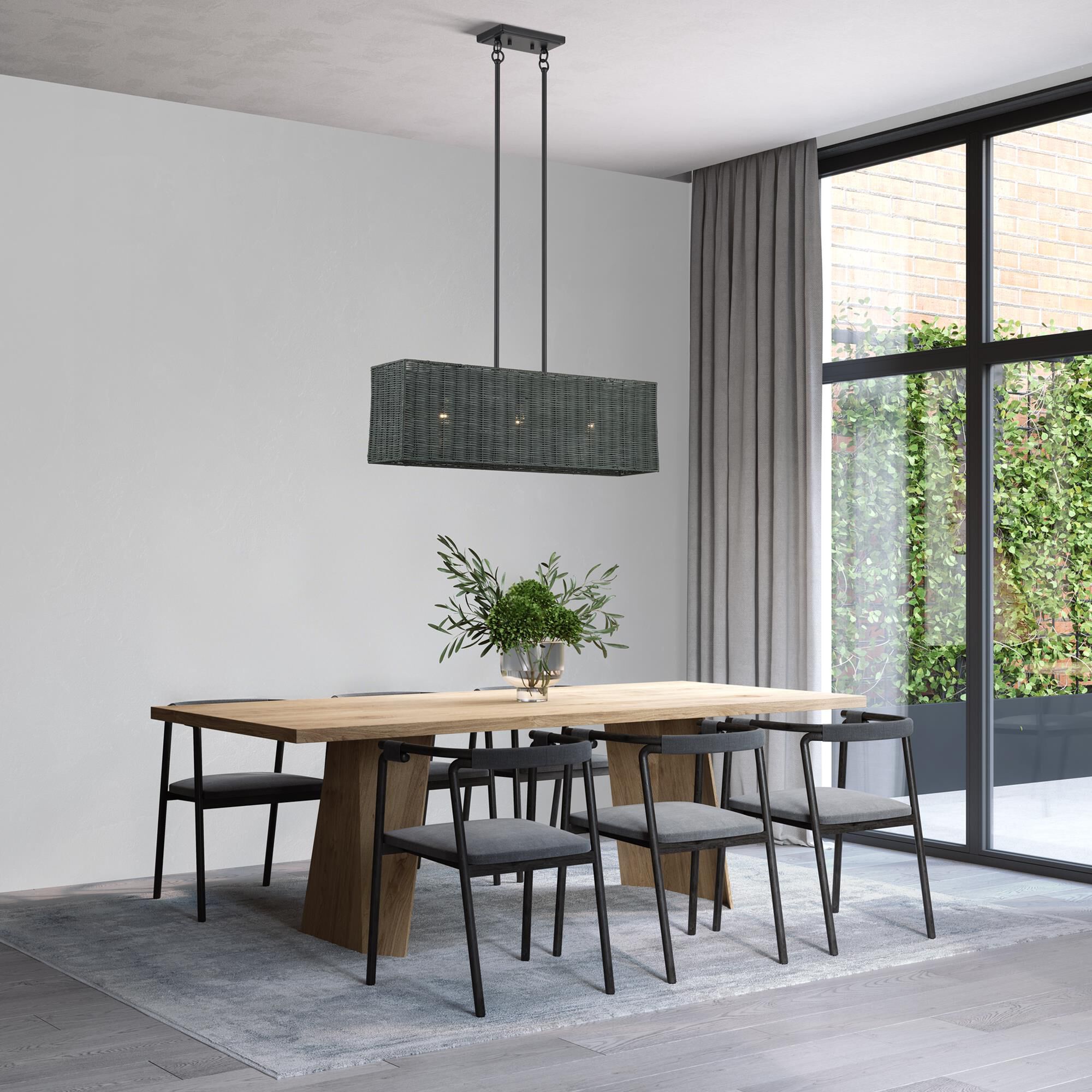 Shown in Black finish and Hand-Woven Charred Gray Color Rattan shade