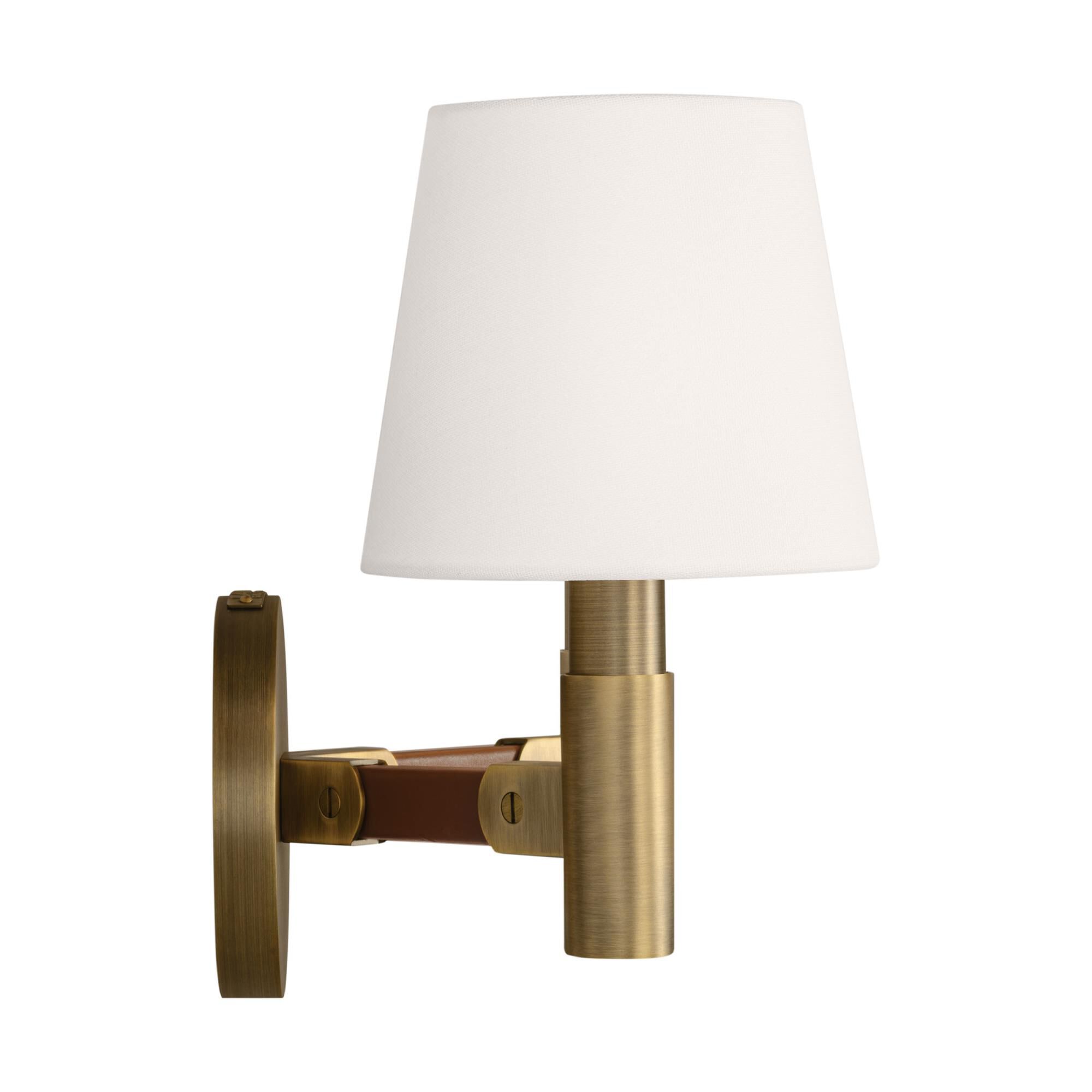 Shown in Time Worn Brass finish and White Linen shade