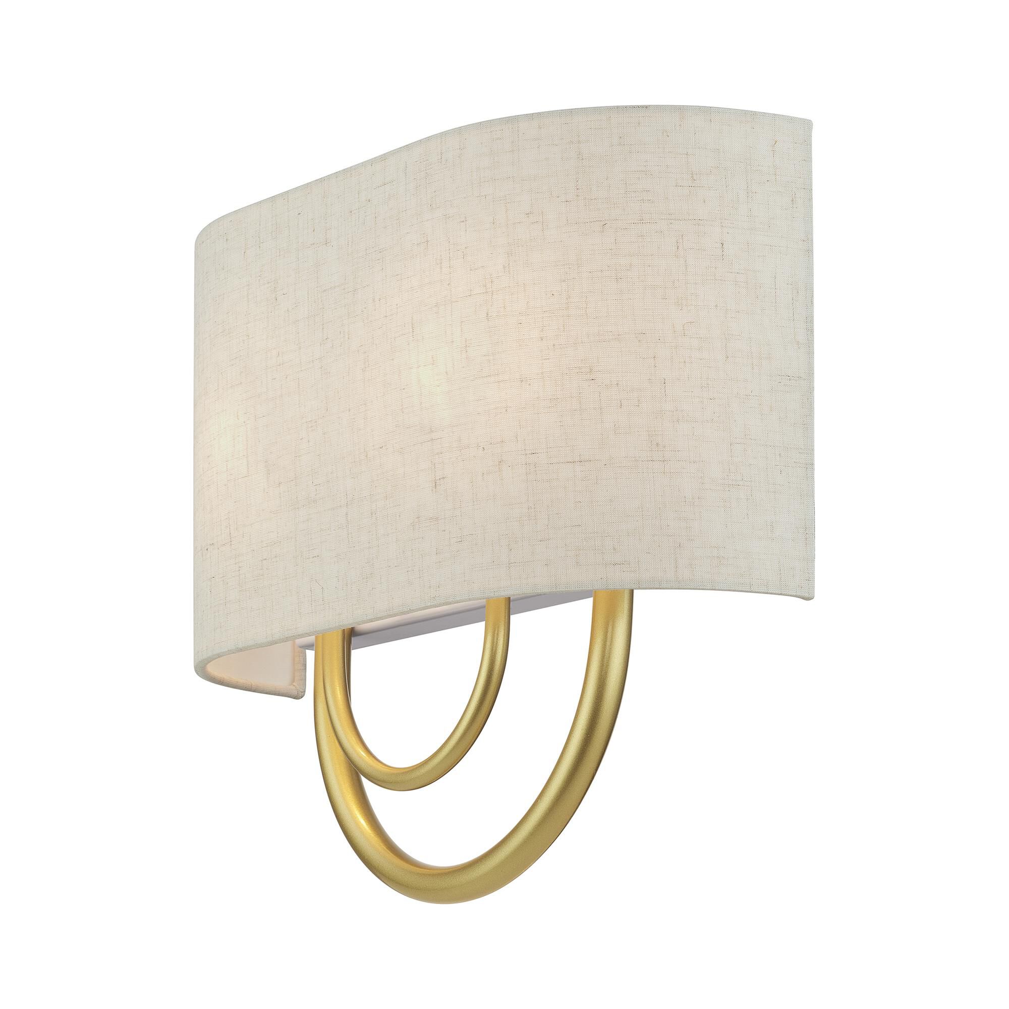 Shown in Soft Gold finish and Hand Crafted Oatmeal Color Fabric Hardback with White Fabric Inside shade
