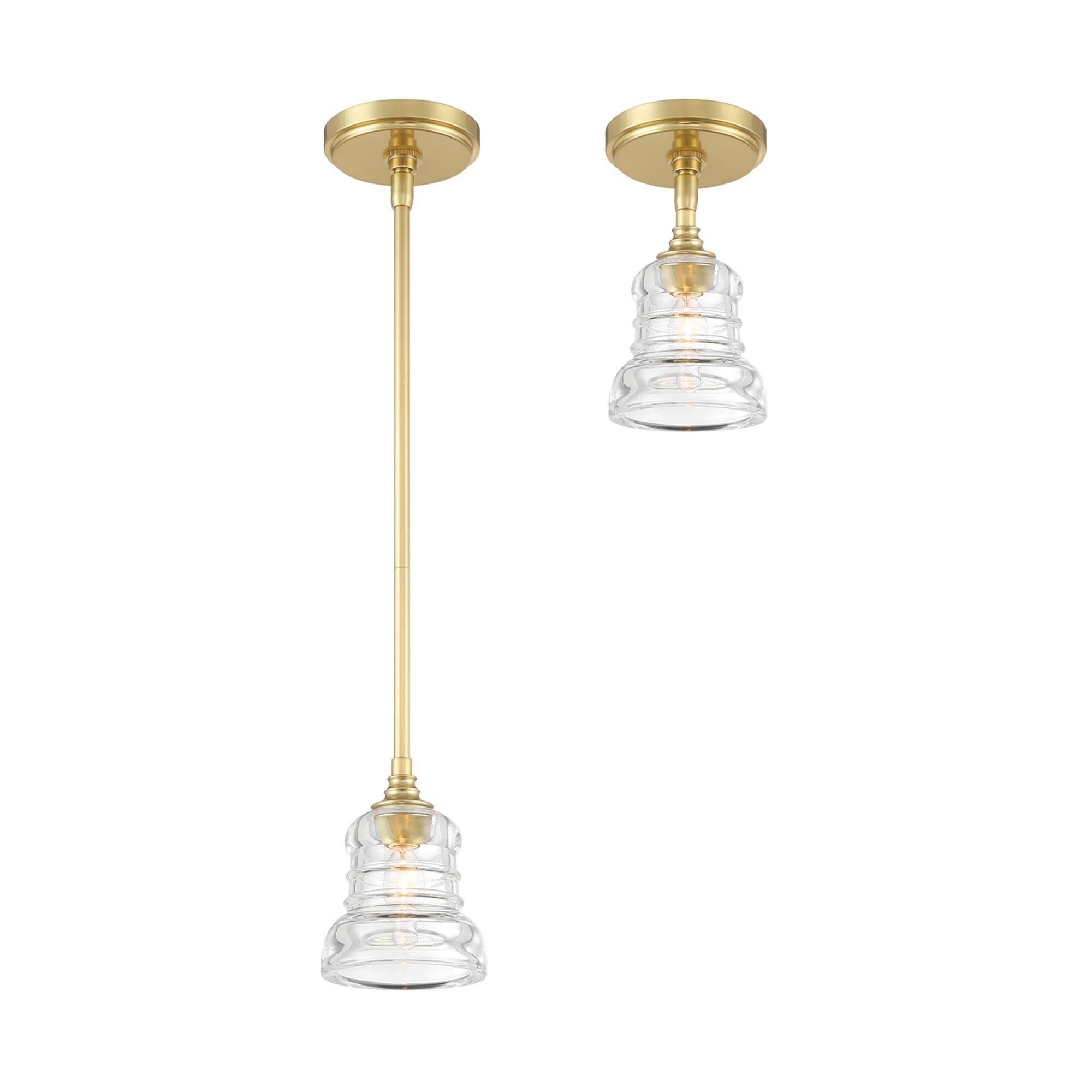 Shown in Aged Brass finish and Clear glass