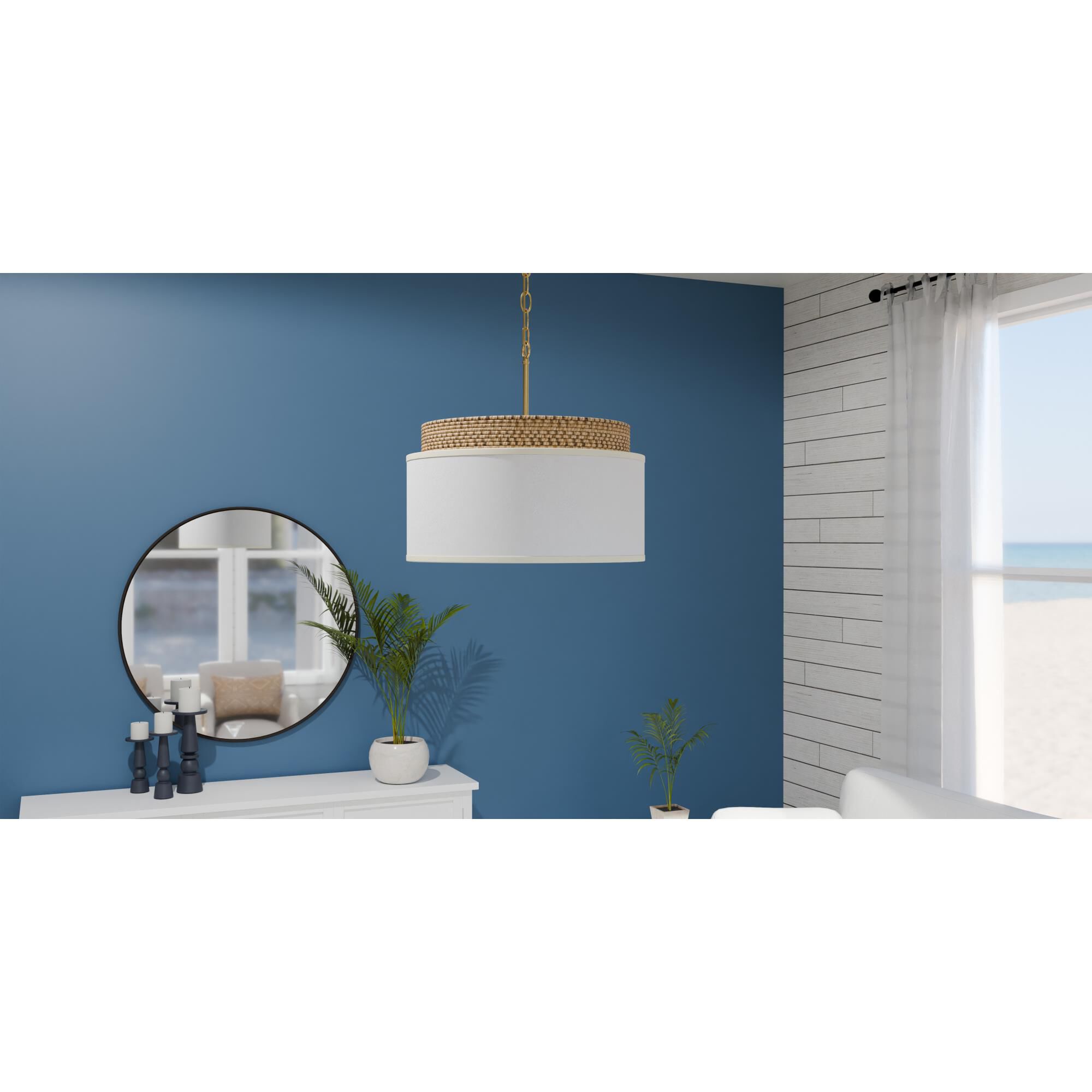 Shown in Brushed Gold finish and White Linen Fabric shade