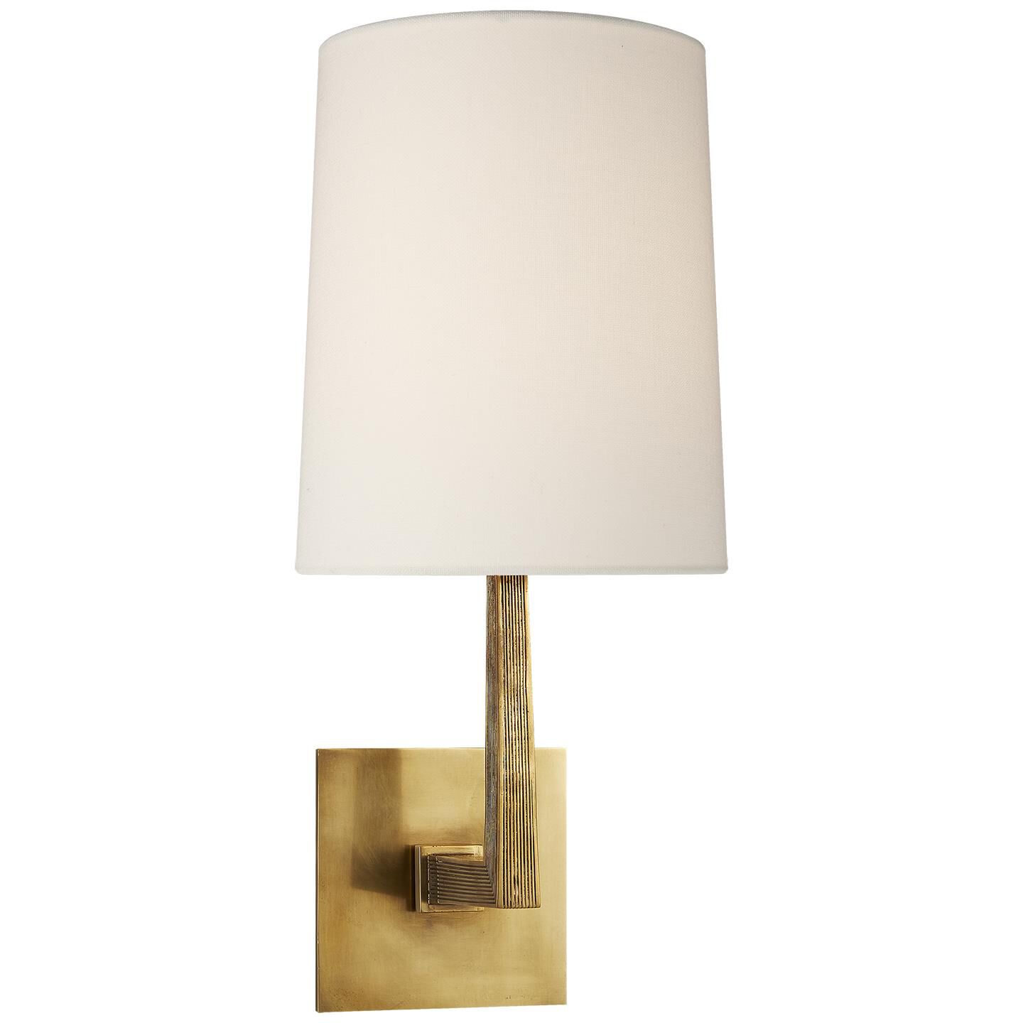Shown in Soft Brass finish and Linen shade