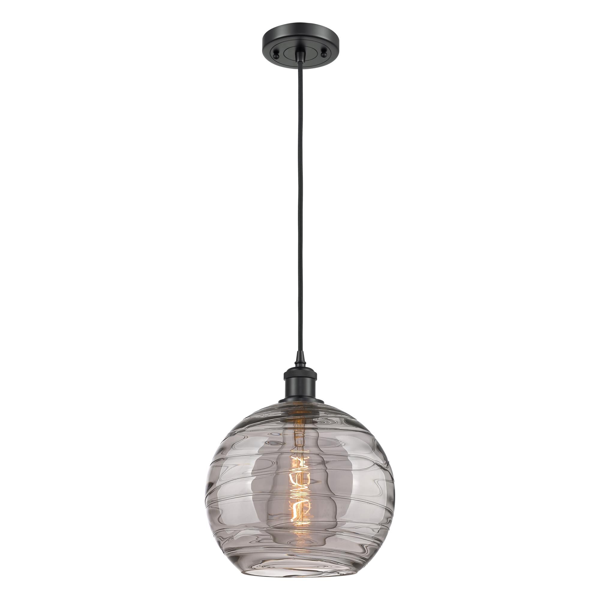 Shown in Matte Black finish and Light Smoke Deco Swirl glass