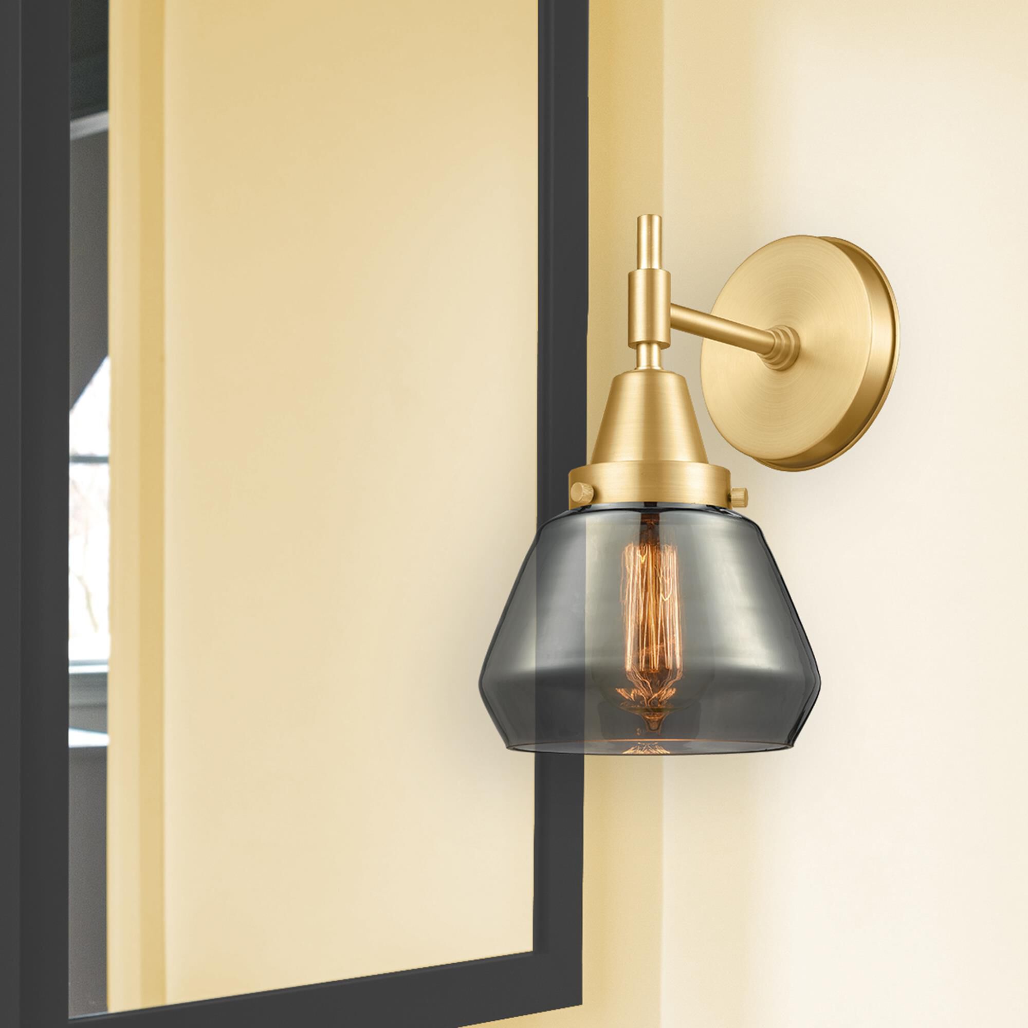 Shown in Satin Gold finish and Plated Smoke Fulton glass