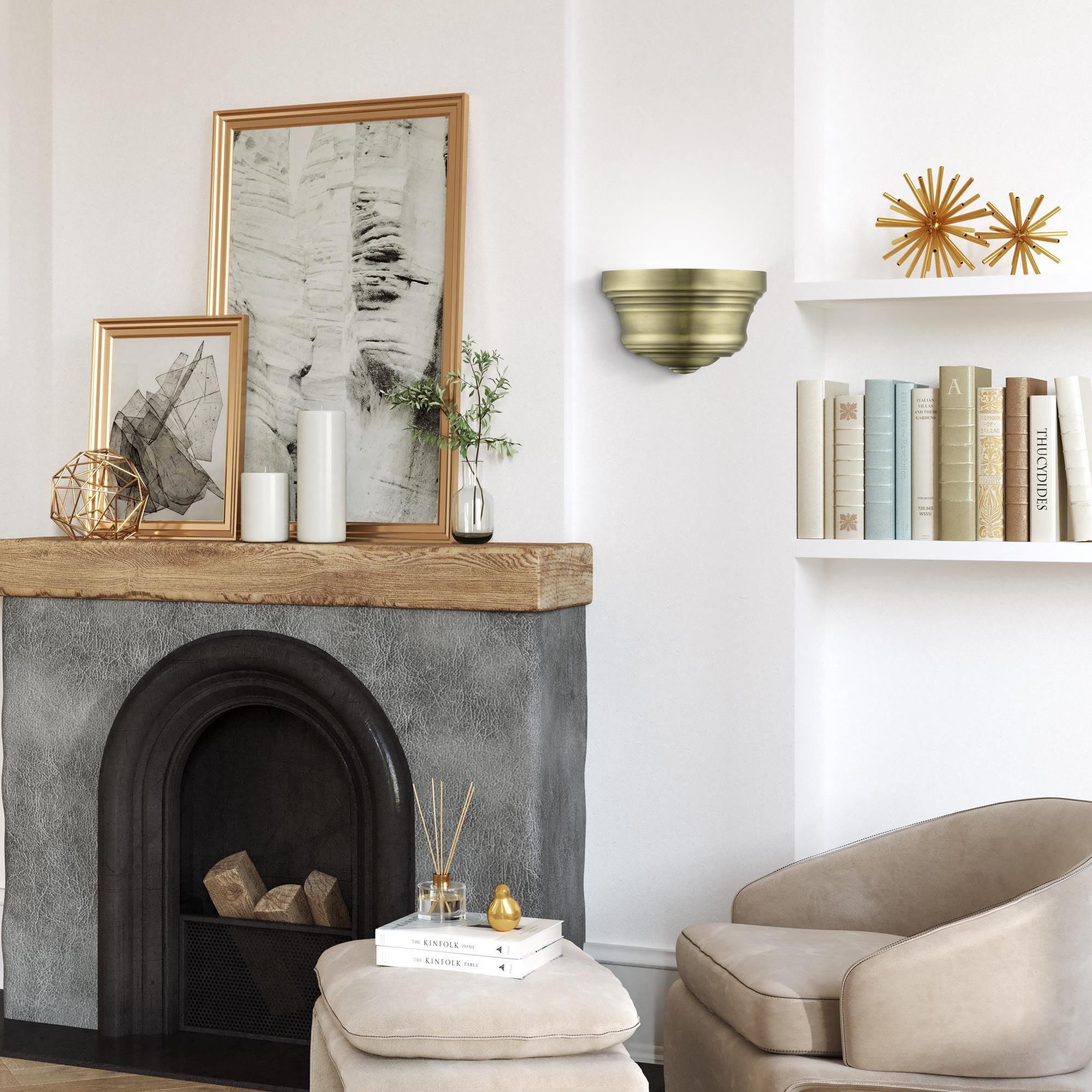 Shown in Antique Brass finish and Antique Brass Steel With Shiny White Finish Inside shade