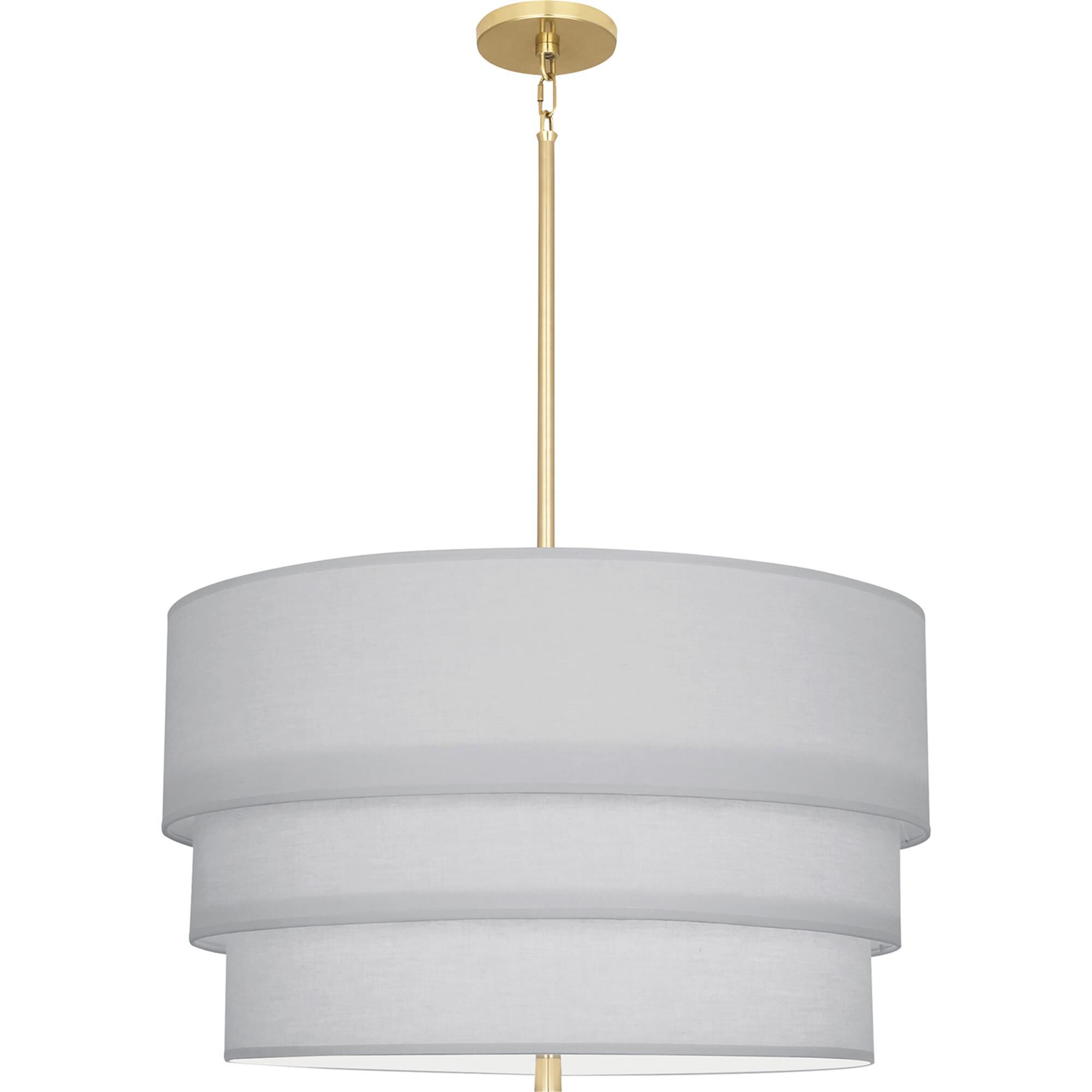 Shown in Modern Brass Finish finish and Modern Brass Finish glass and Pearl Gray Fabric shade