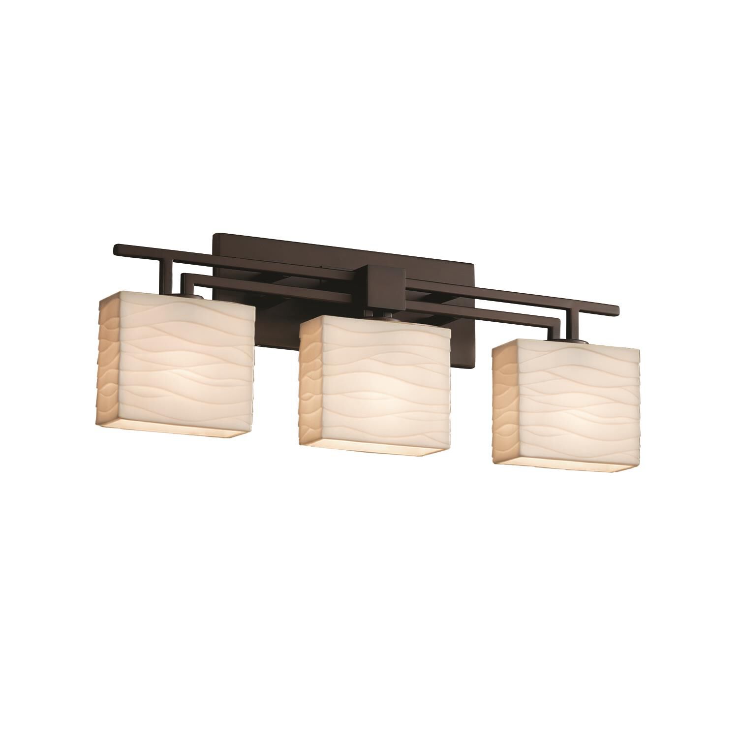 Shown in Dark Bronze finish and Faux Porcelain Resin glass and Waves shade and Rectangle accent