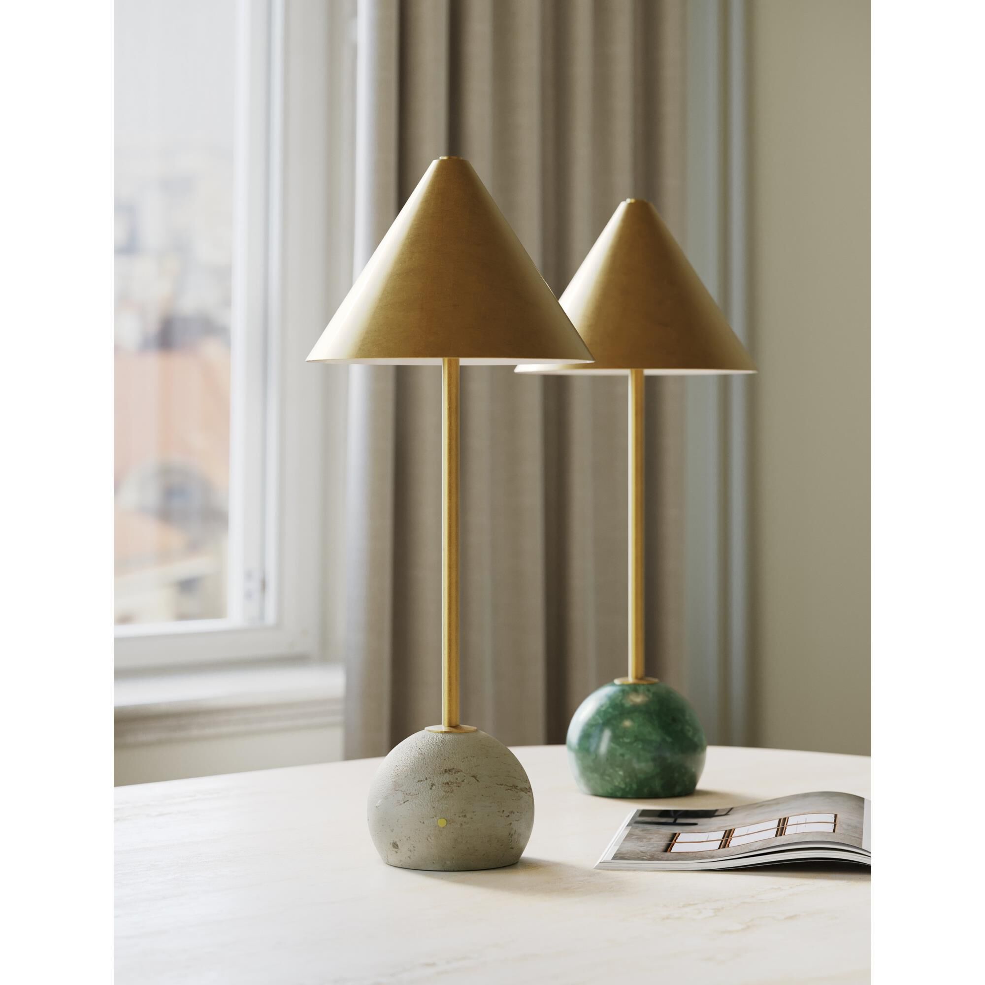 Shown in Natural and Antique Brass finish and Antique Brass/Metal shade