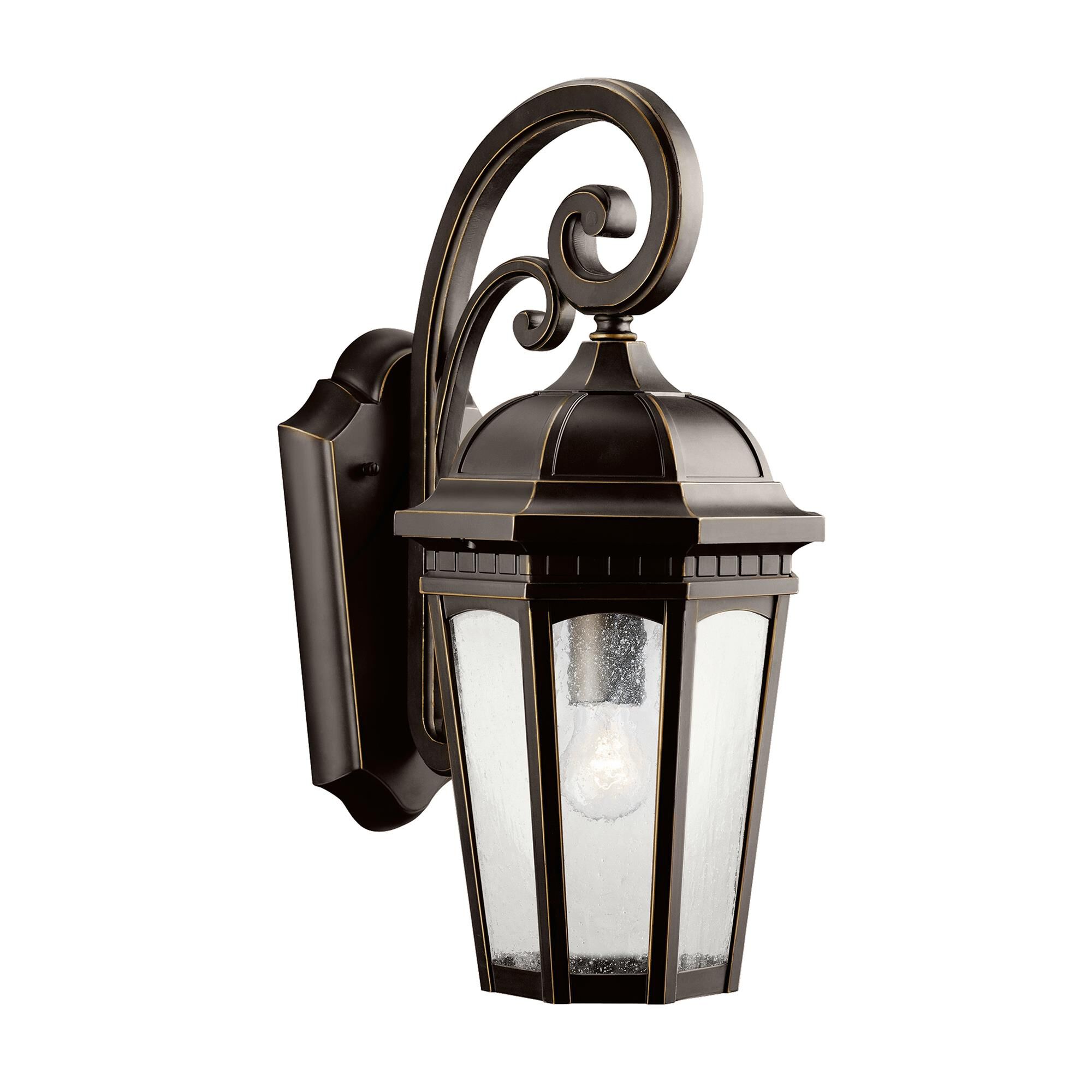 Shown in Rubbed Bronze finish and Clear Seeded glass