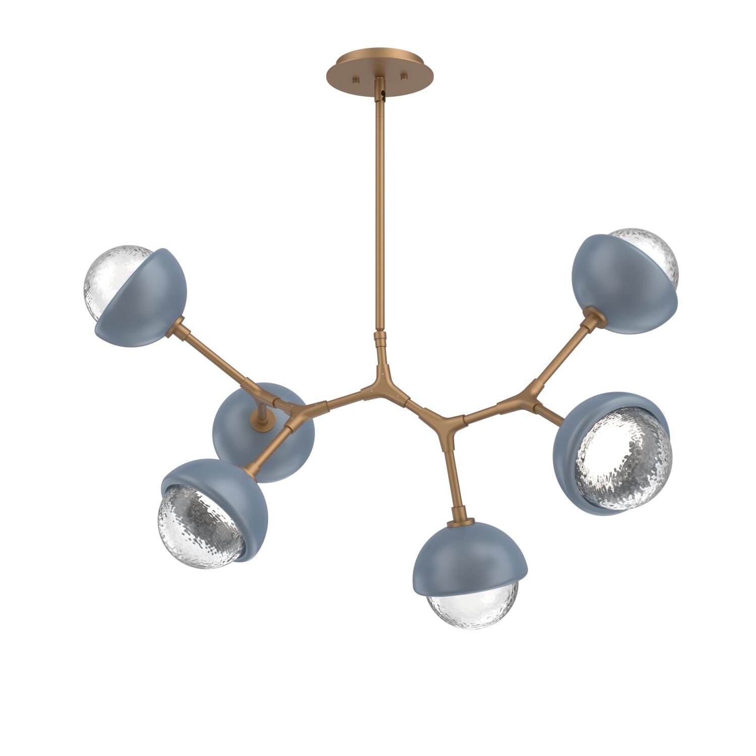 Shown in Novel Brass finish and Clear glass and Poppy Blue accent
