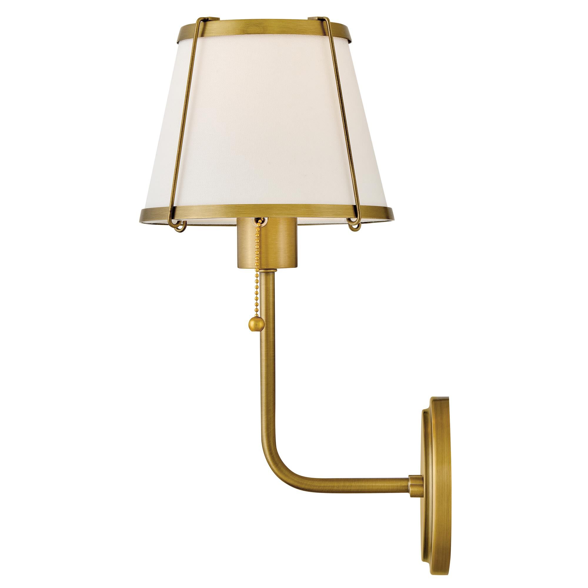 Shown in Lacquered Dark Brass finish and Off-White Linen shade