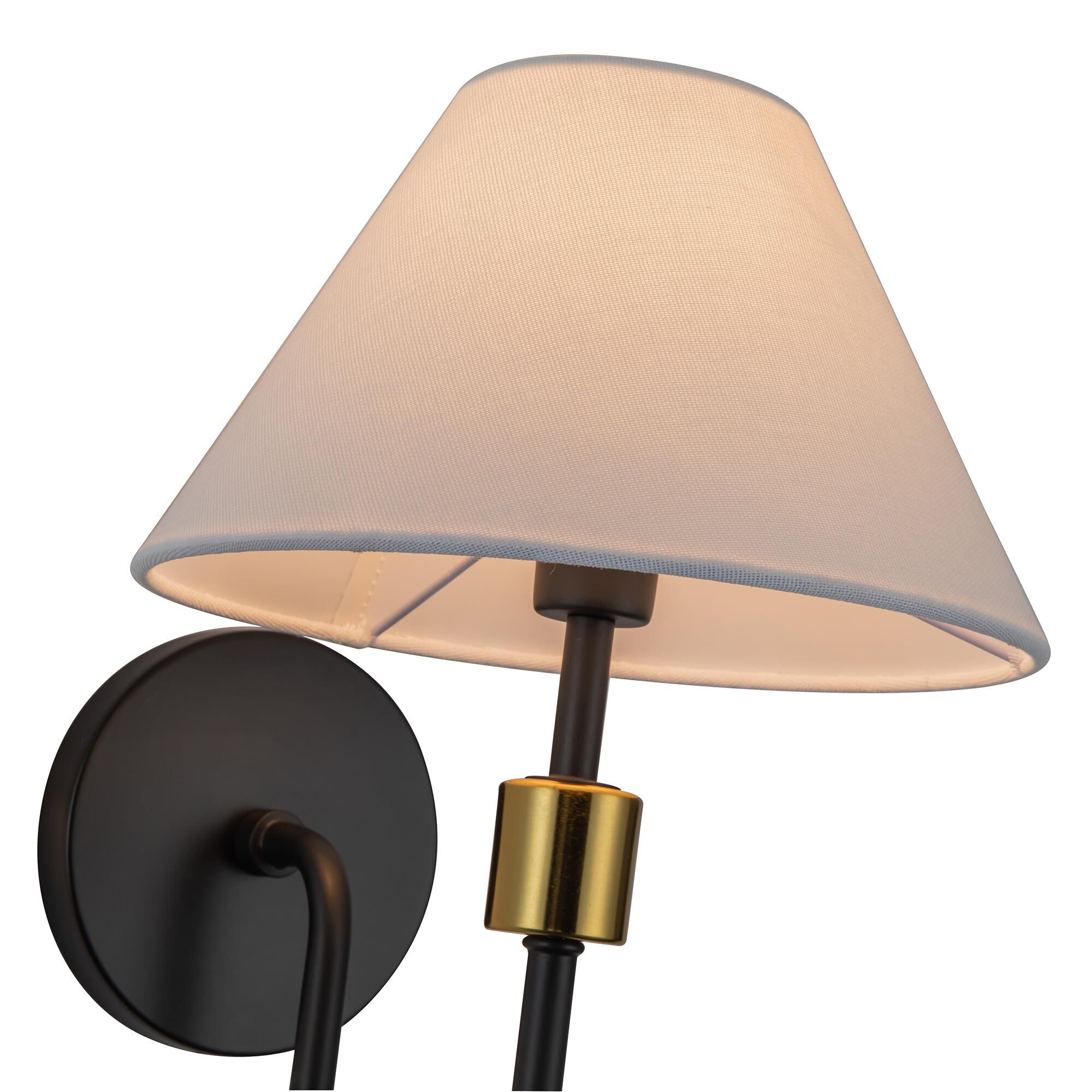 Shown in Black and Brushed Brass finish and Hardback Linen Fabric shade