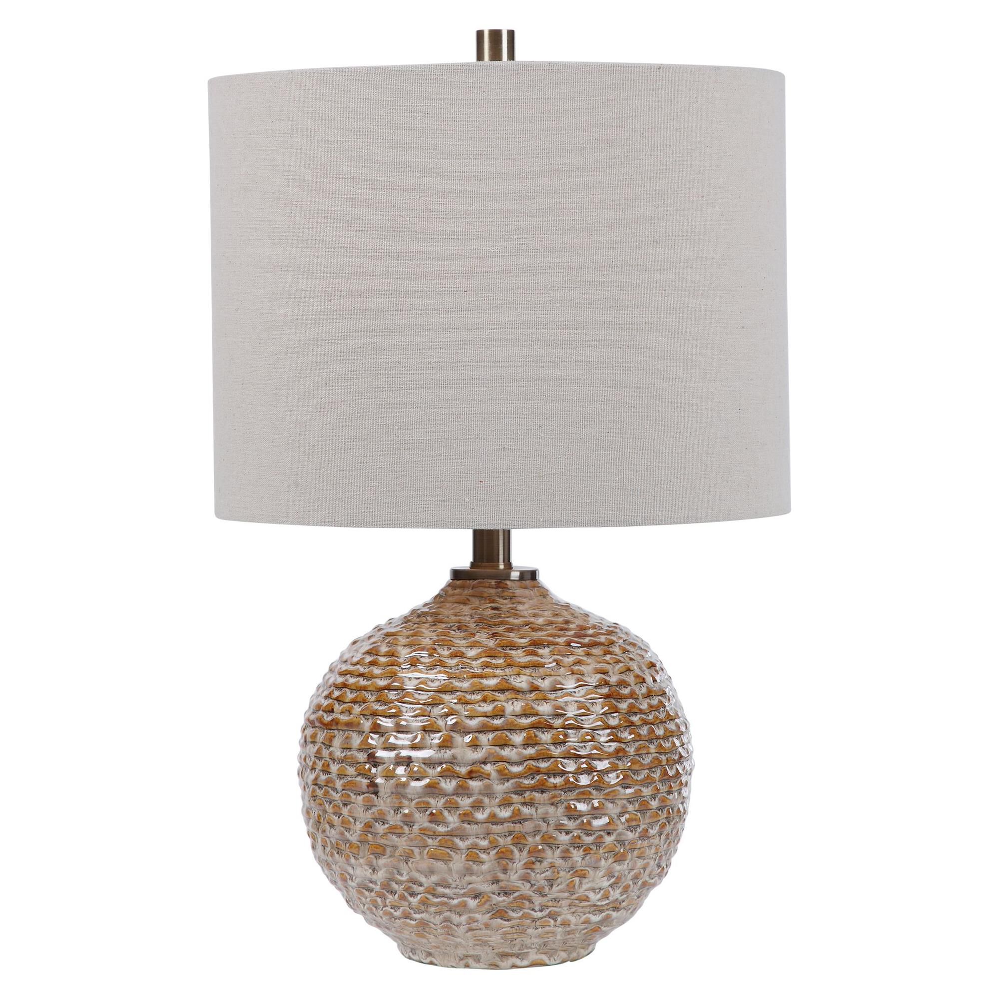 Shown in This Unique Ceramic Table Lamp Displays A Rustic, Wavy Ribbed Texture In Rust Brown Glaze Covered In finish and Round Drum Hardback shade