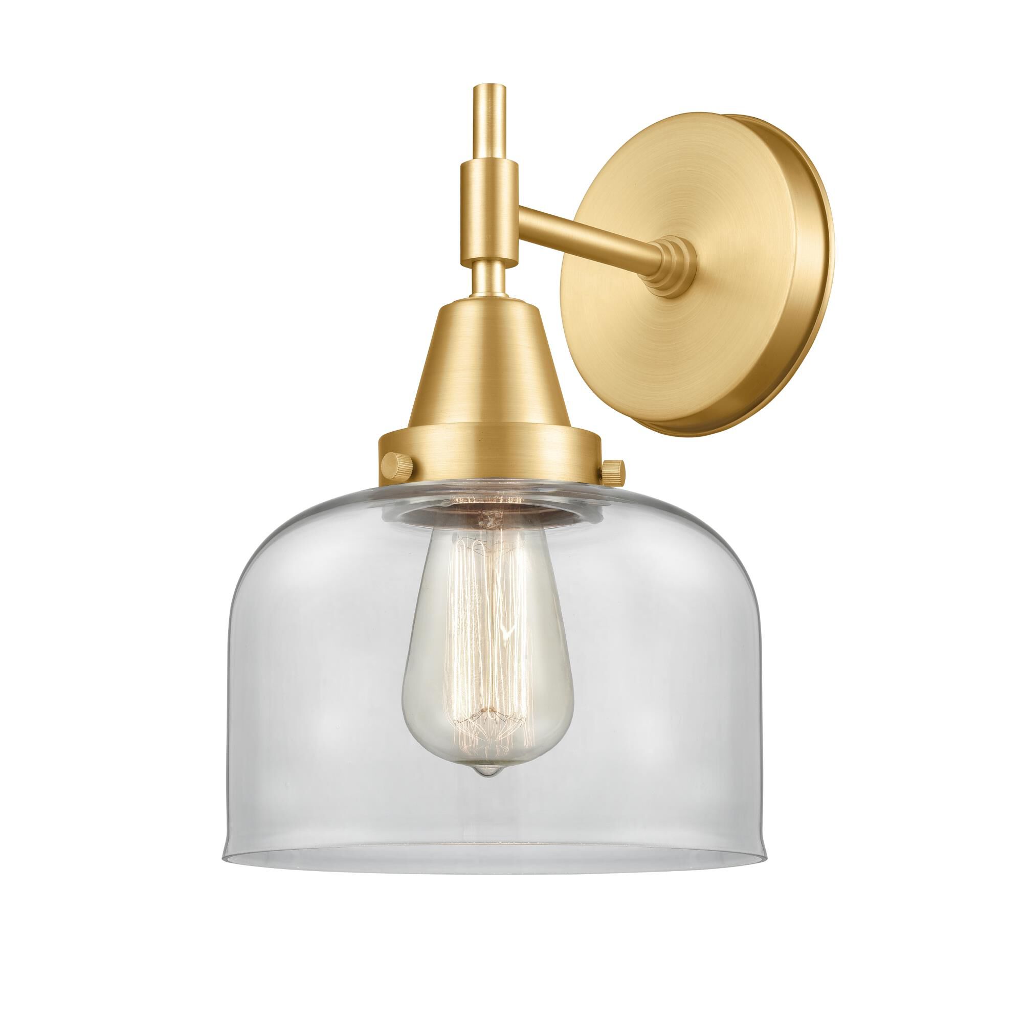 Shown in Satin Gold finish and Clear Large Bell glass