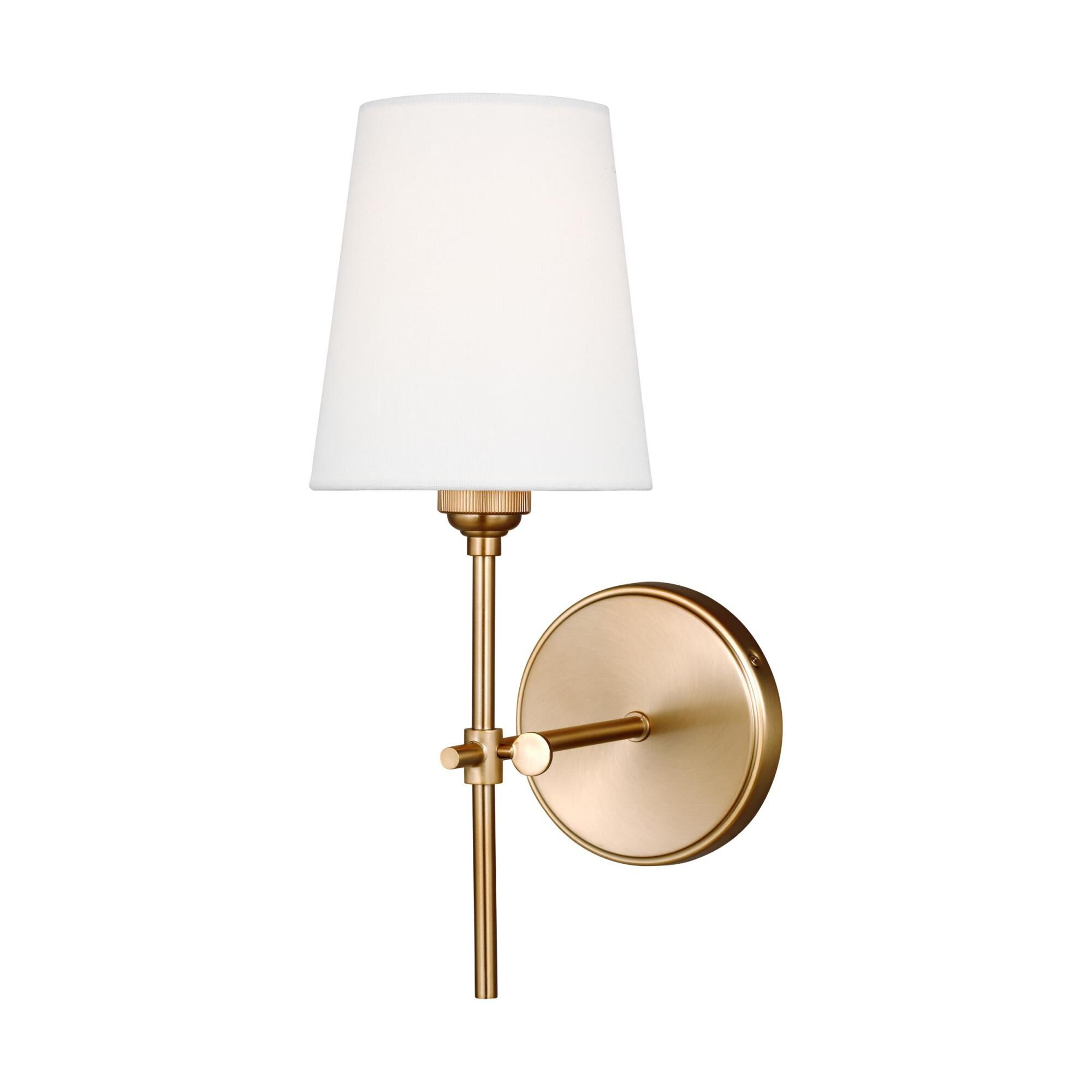 Shown in Satin Brass finish and Bronze Fabric shade