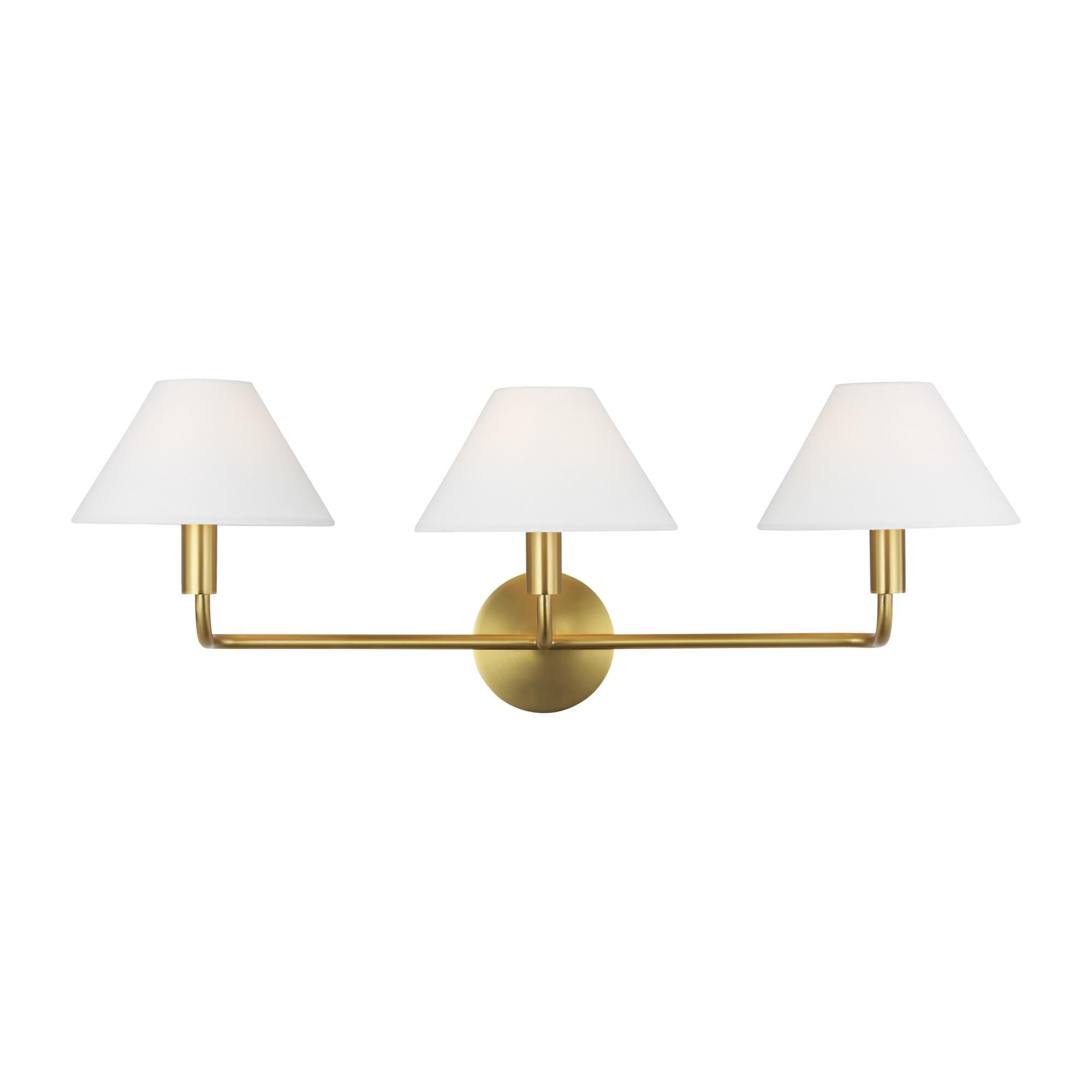 Shown in Burnished Brass finish and White Linen shade