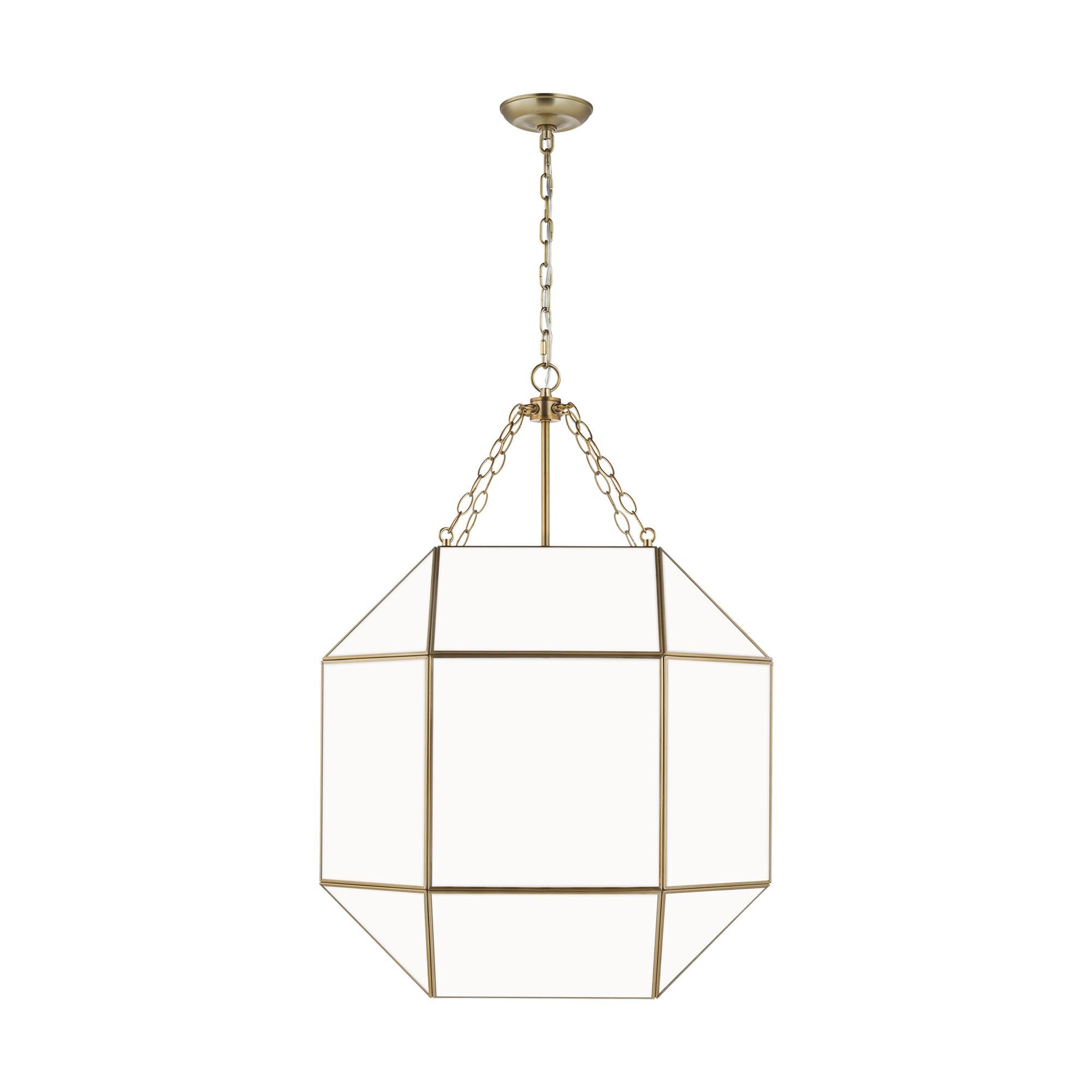 Shown in Satin Brass finish and Smooth White glass and White Glass Panel shade
