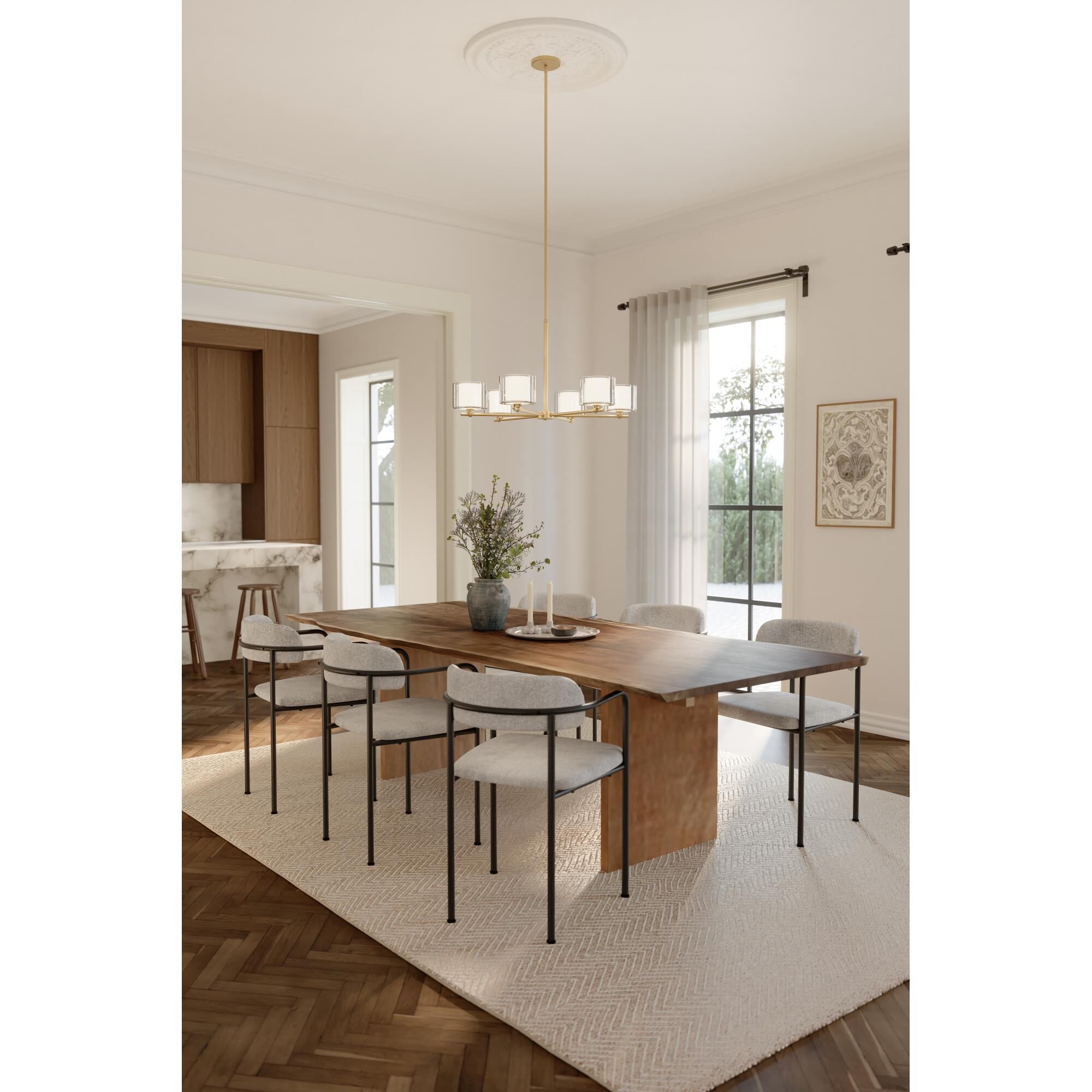 Shown in Legacy Brass finish and Clear and Etched Opal glass