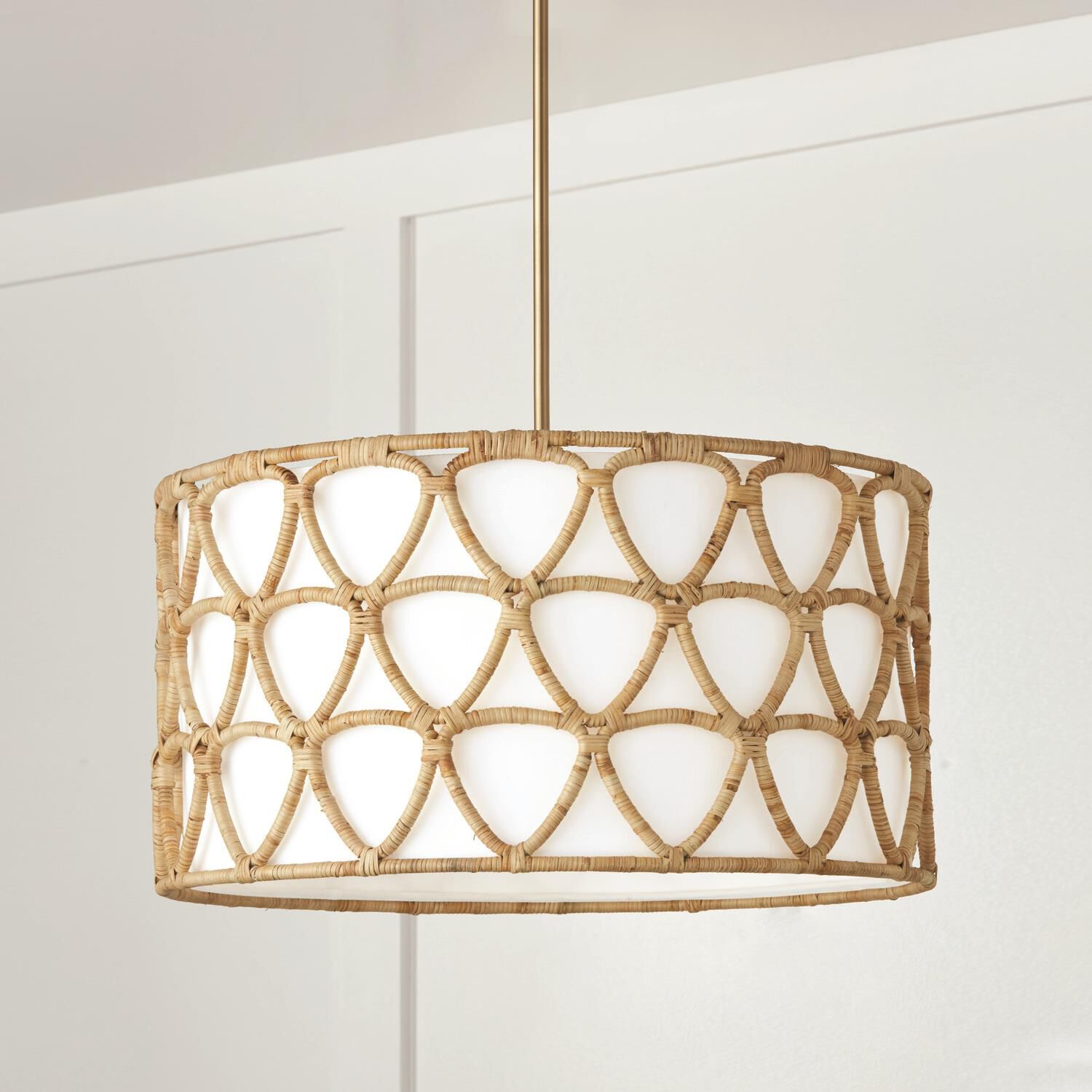 Shown in Matte Brass finish and White Fabric shade