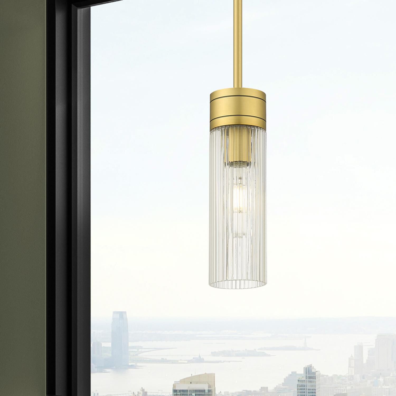 Shown in Brushed Brass finish and Striped Clear glass