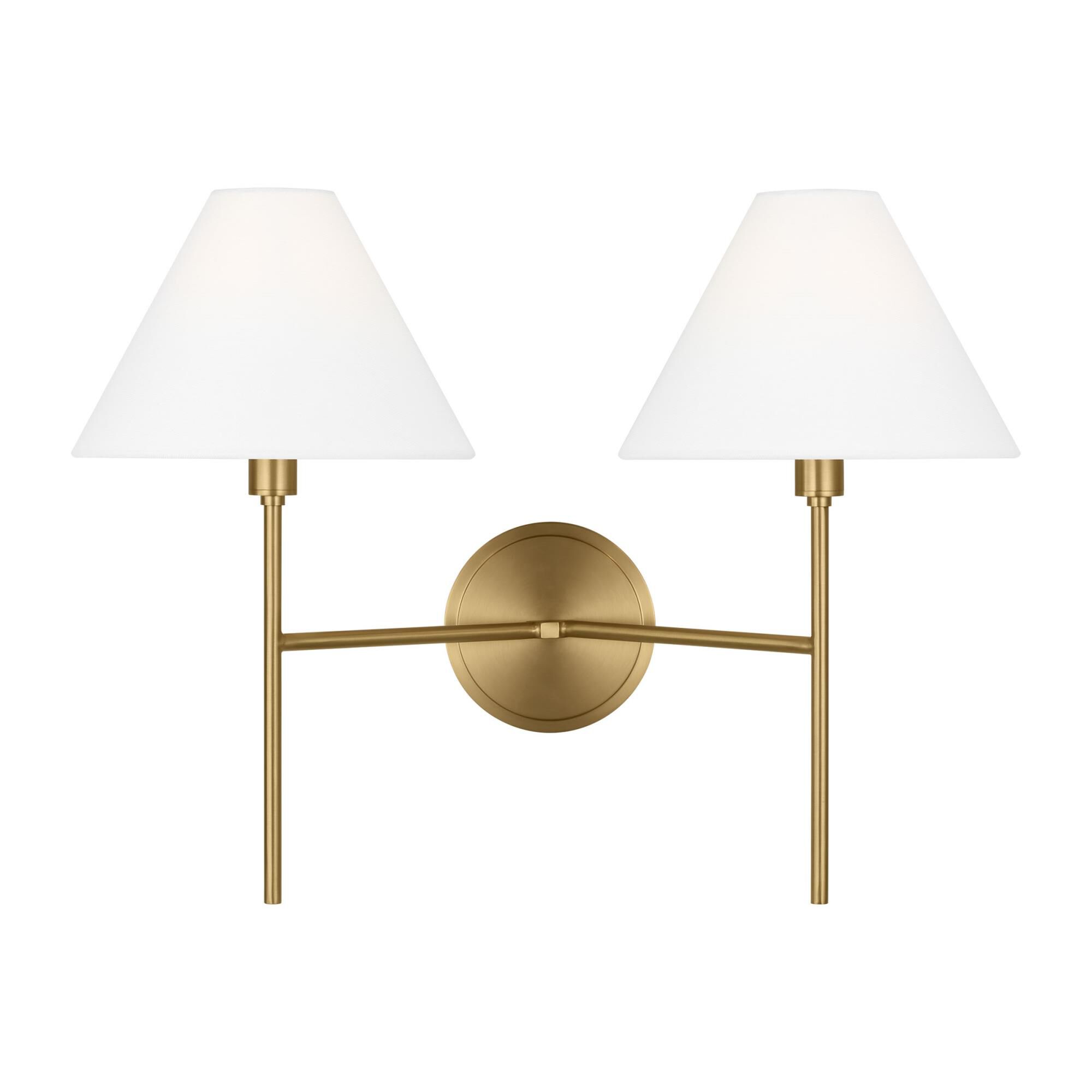 Shown in Burnished Brass finish and White Linen shade