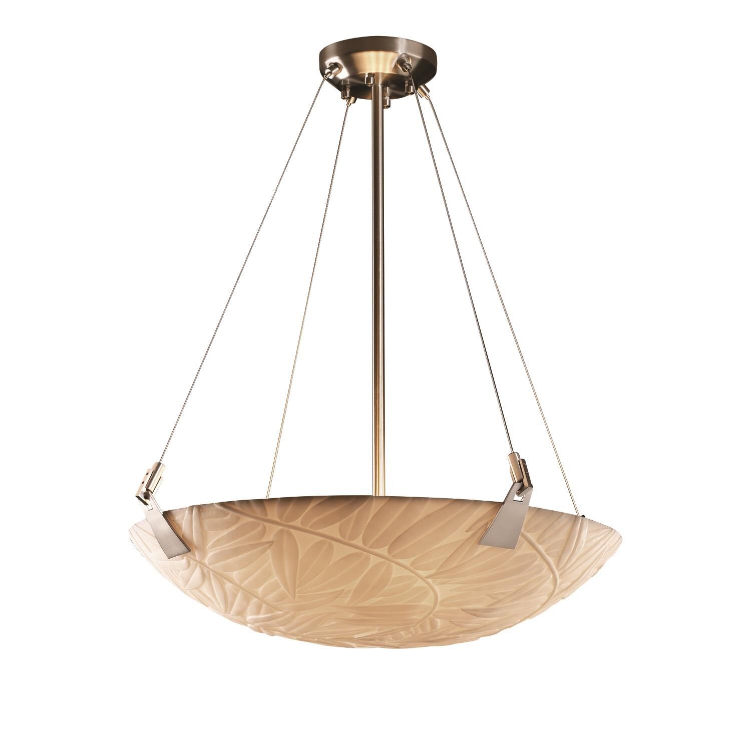 Shown in Brushed Nickel finish and Faux Porcelain Resin glass and Bamboo shade and Round Bowl accent