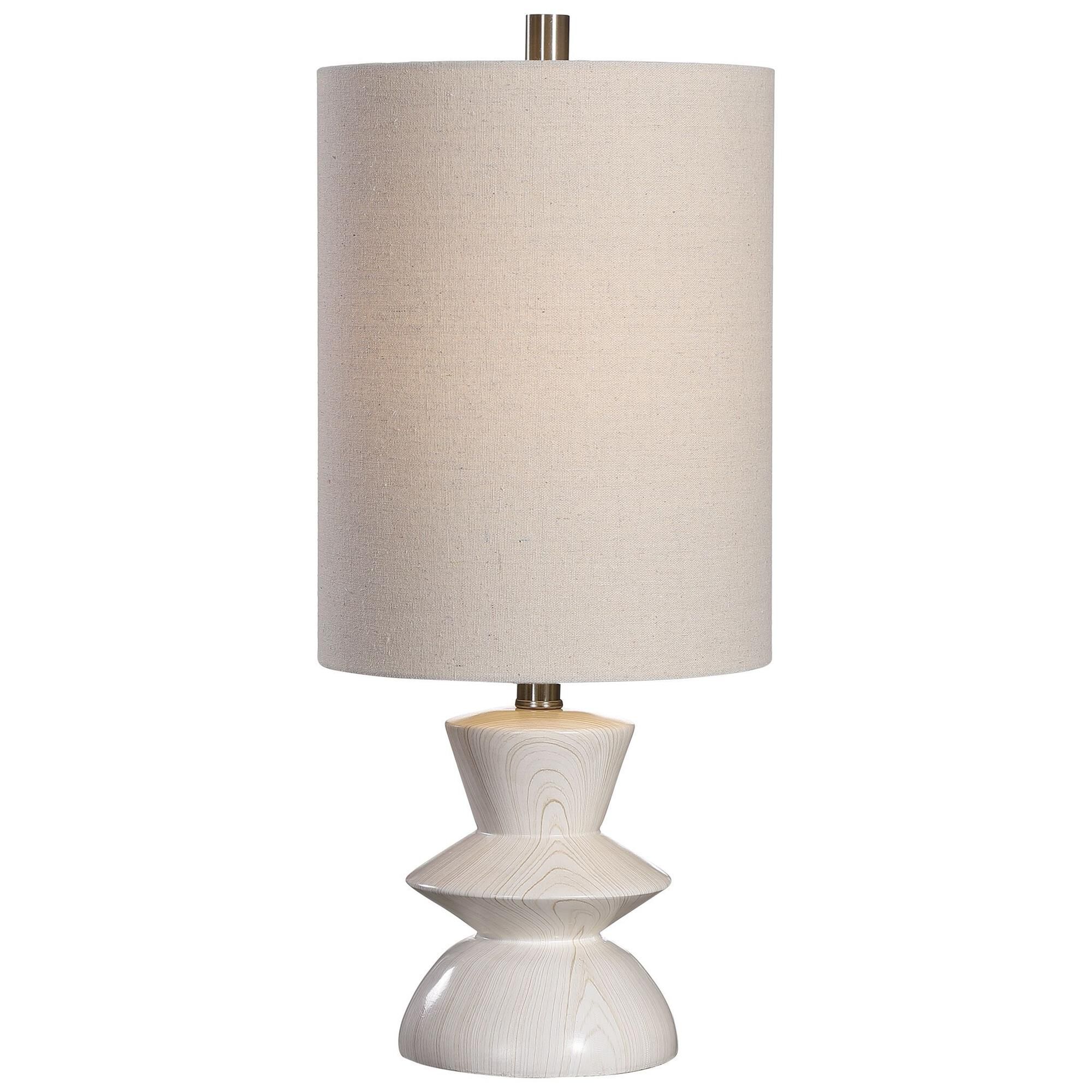 Shown in A Nod To Classic Mid-Century Styling, This Buffet Lamp Has A Geometric Shaped Base With A Bleached W finish and Round Drum Hardback shade