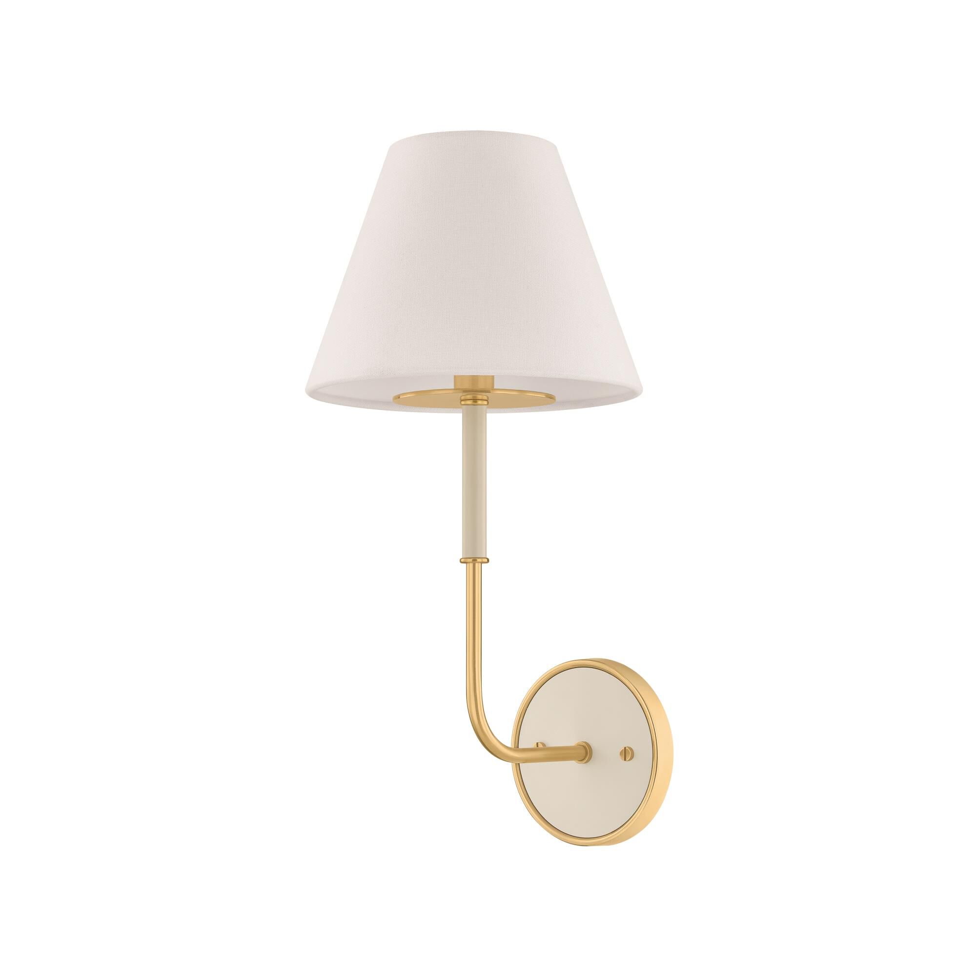 Shown in Aged Brass and Off-White finish and White Linen shade