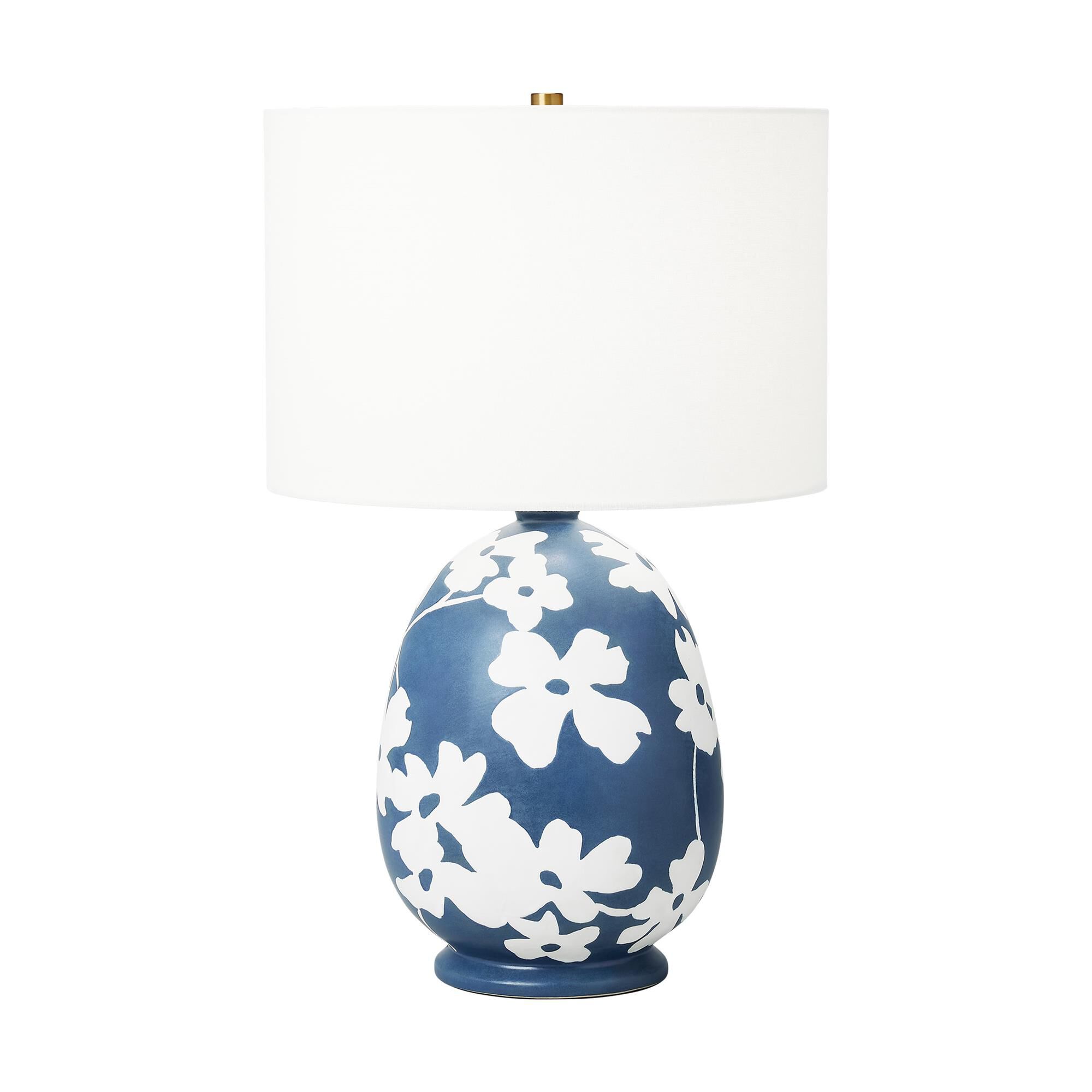 Shown in Semi Matte Navy Blue finish and White Linen Fabric shade