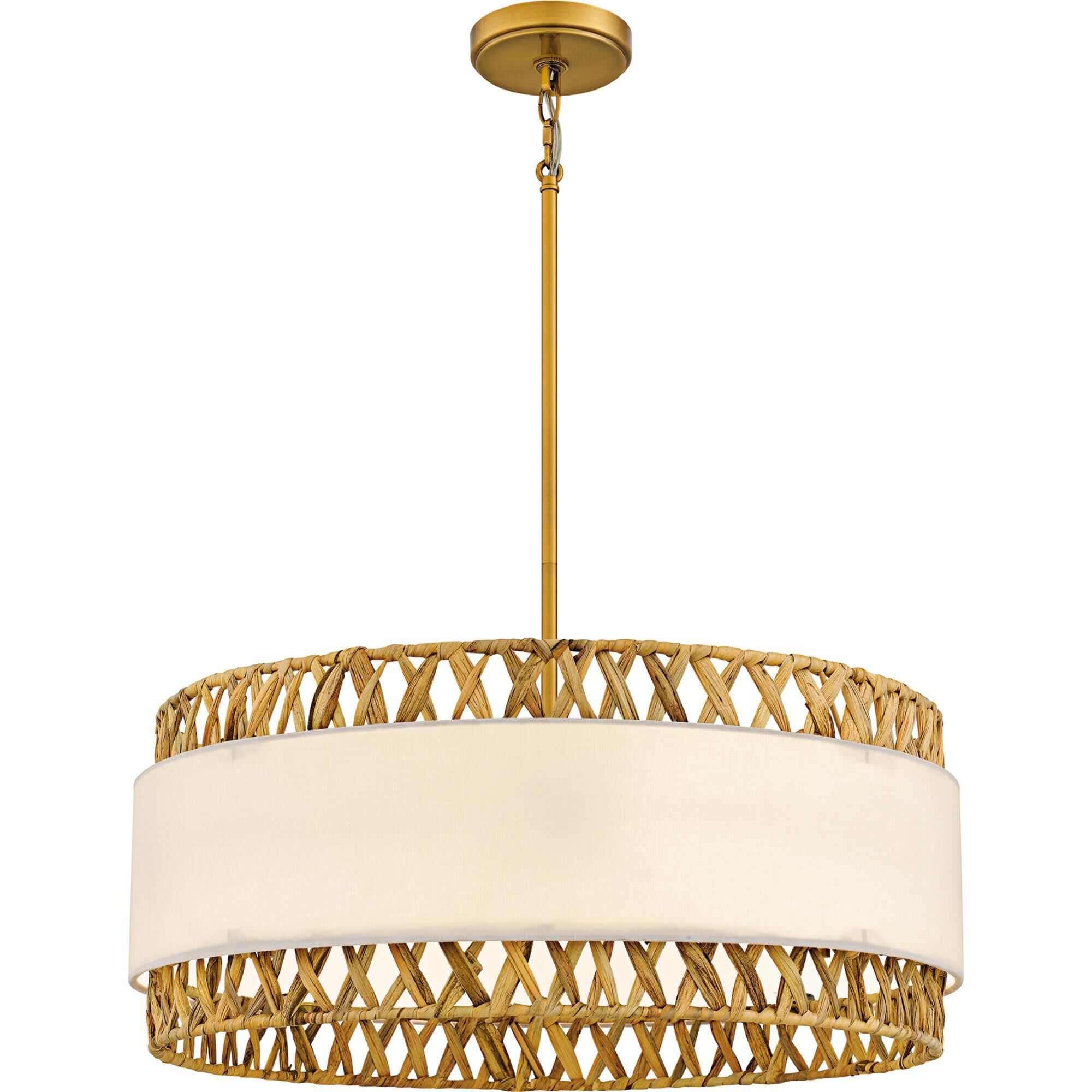 Shown in Brushed Gold finish and White Linen And Rattan shade