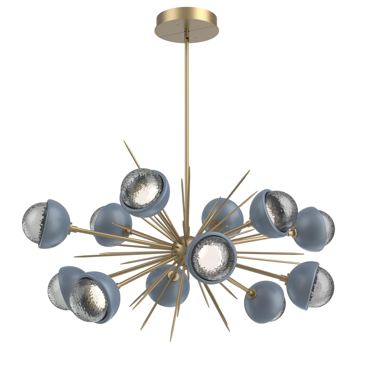 Shown in Gilded Brass finish and Smoke glass and Poppy Blue accent