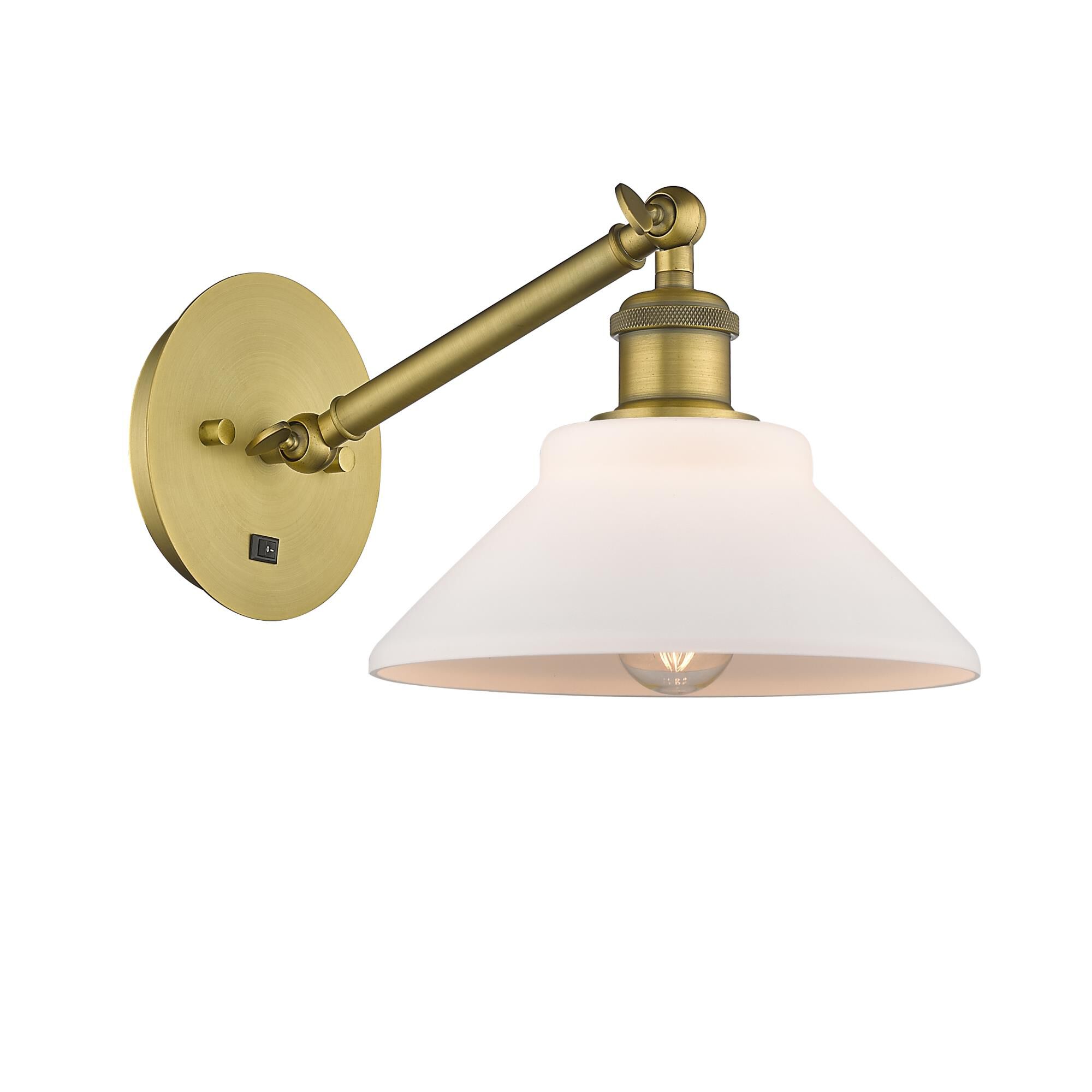 Shown in Brushed Brass finish and Matte White Orwell glass