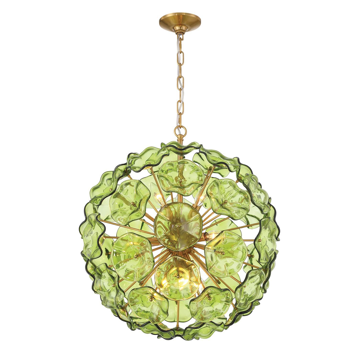 Shown in Aged Brass finish and Floral Petals Green glass