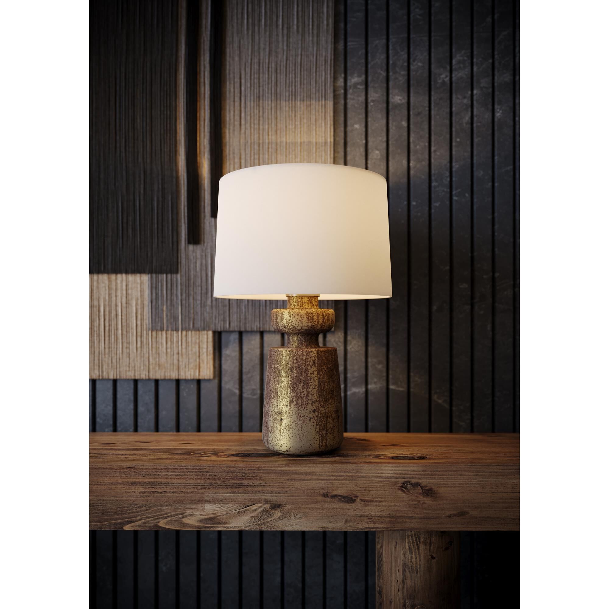 Shown in Patina Brass finish and White Linen Fabric shade
