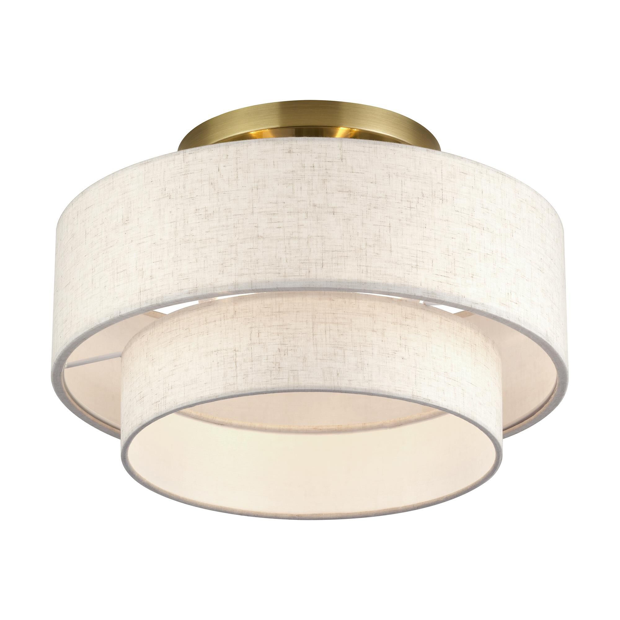 Shown in Antique Brass finish and Hand Crafted Oatmeal Color Fabric with White Color Inside shade