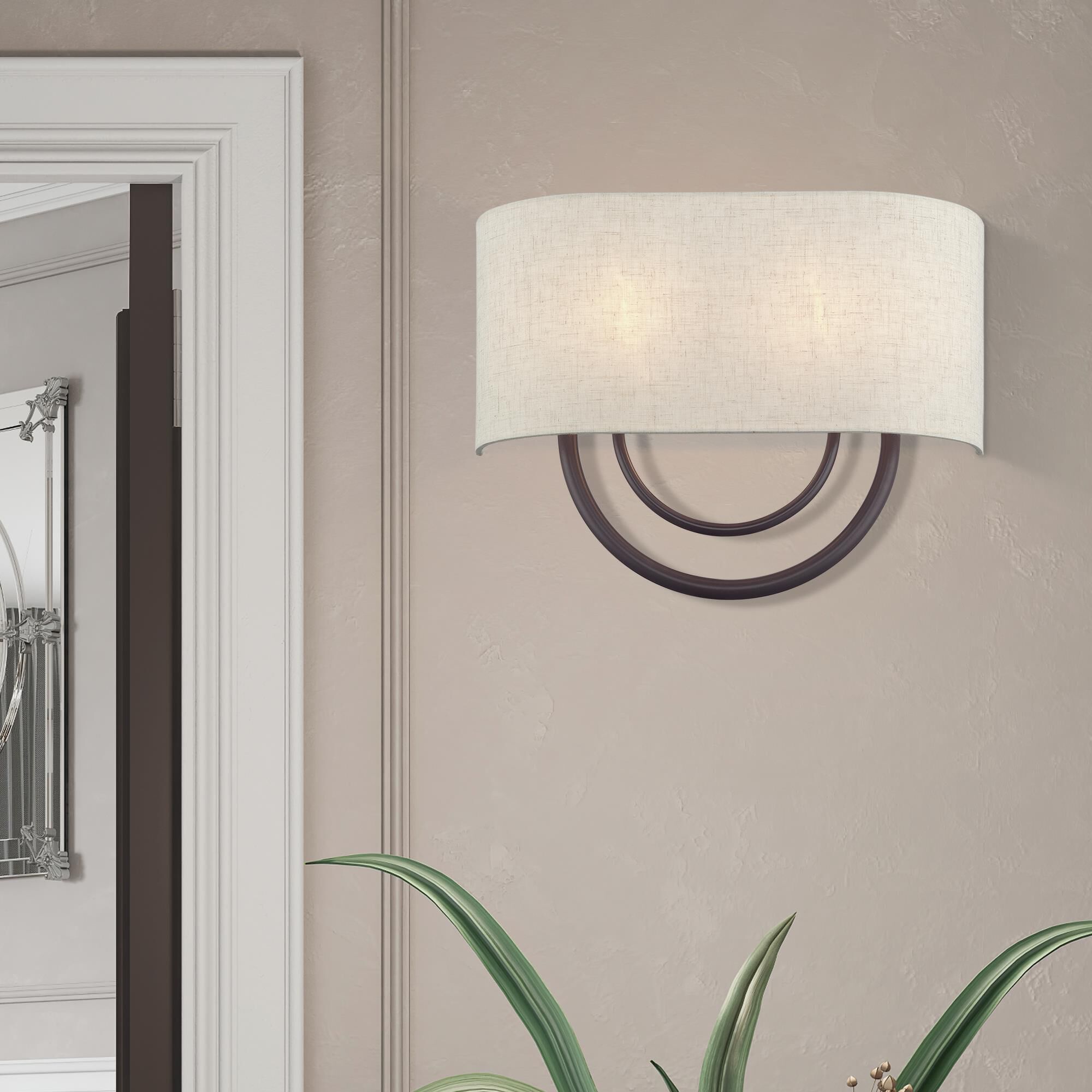 Shown in English Bronze finish and Hand Crafted Oatmeal Color Fabric Hardback with White Fabric Inside shade